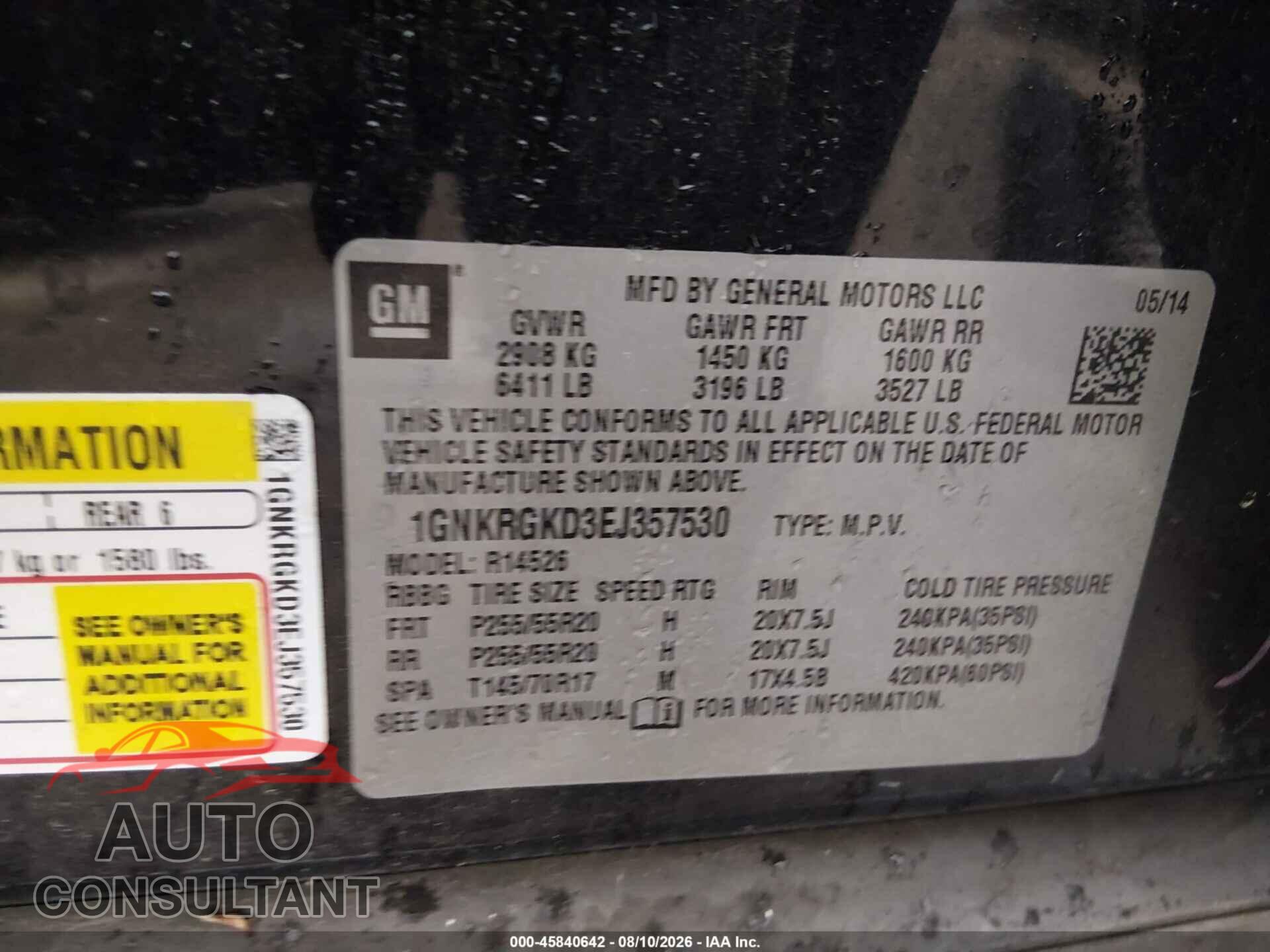 CHEVROLET TRAVERSE 2014 - 1GNKRGKD3EJ357530