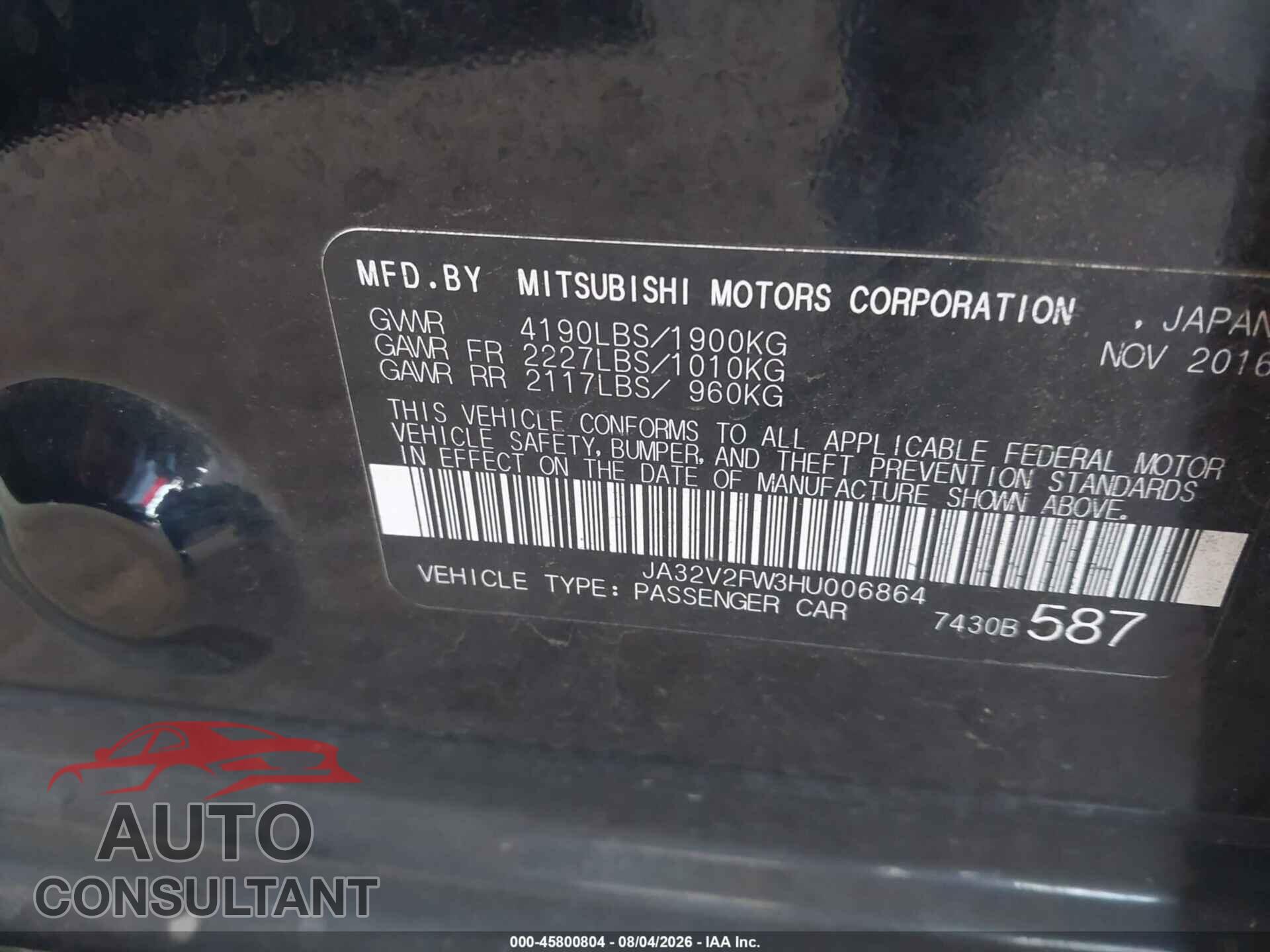 MITSUBISHI LANCER 2017 - JA32V2FW3HU006864