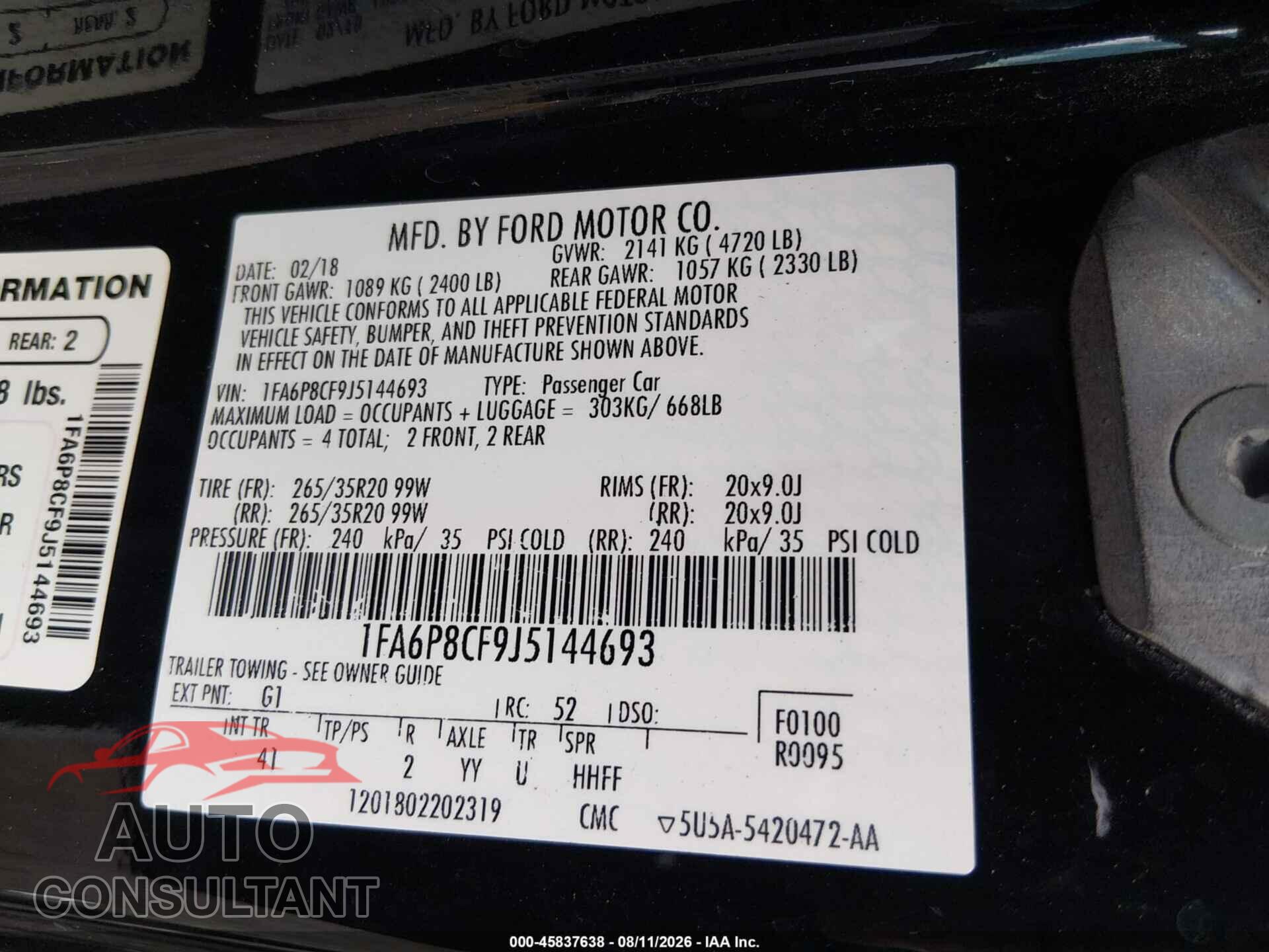 FORD MUSTANG 2018 - 1FA6P8CF9J5144693
