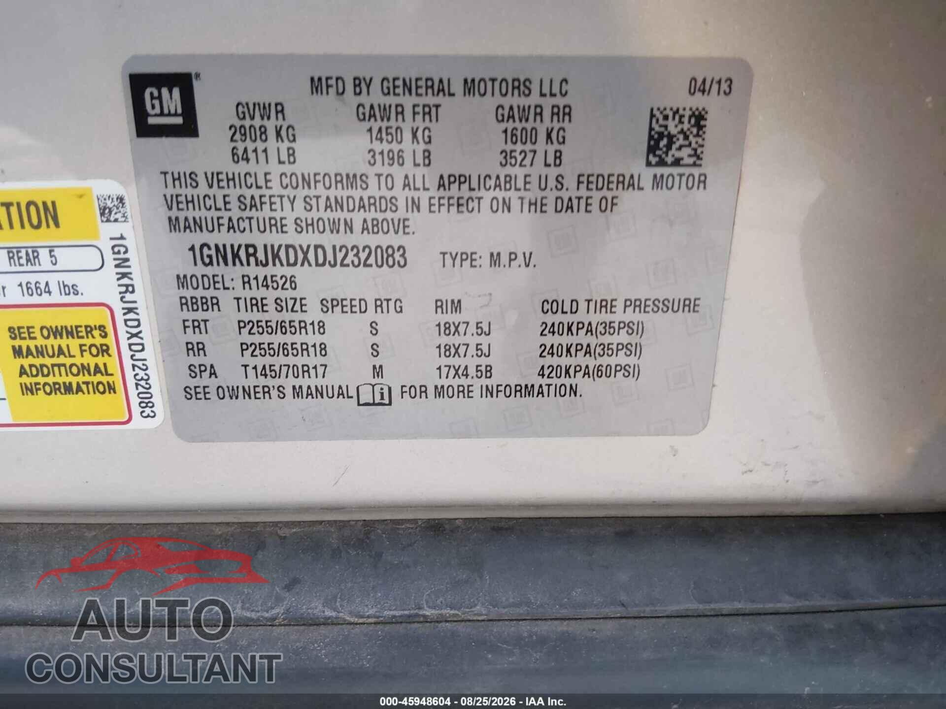 CHEVROLET TRAVERSE 2013 - 1GNKRJKDXDJ232083