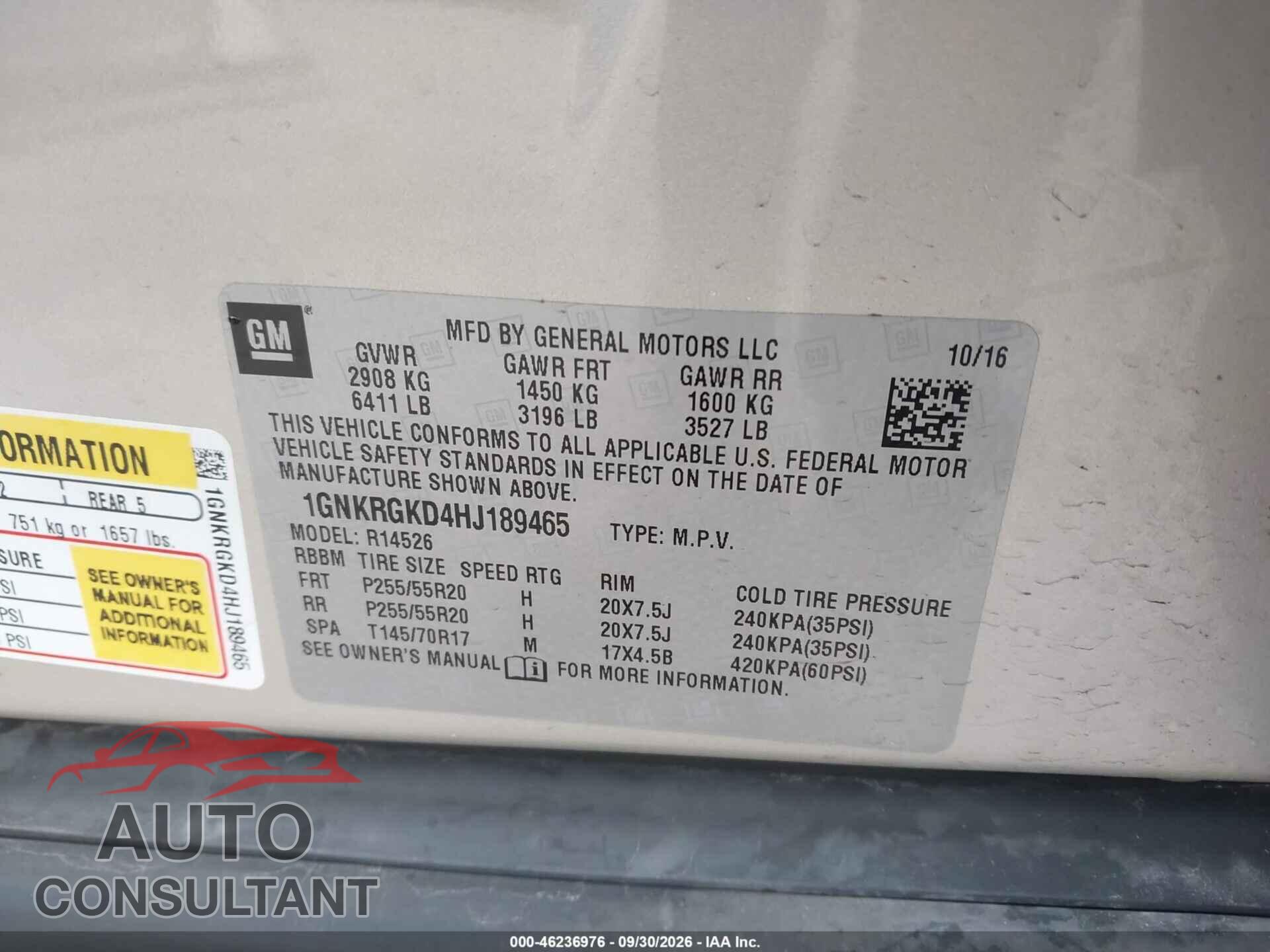CHEVROLET TRAVERSE 2017 - 1GNKRGKD4HJ189465