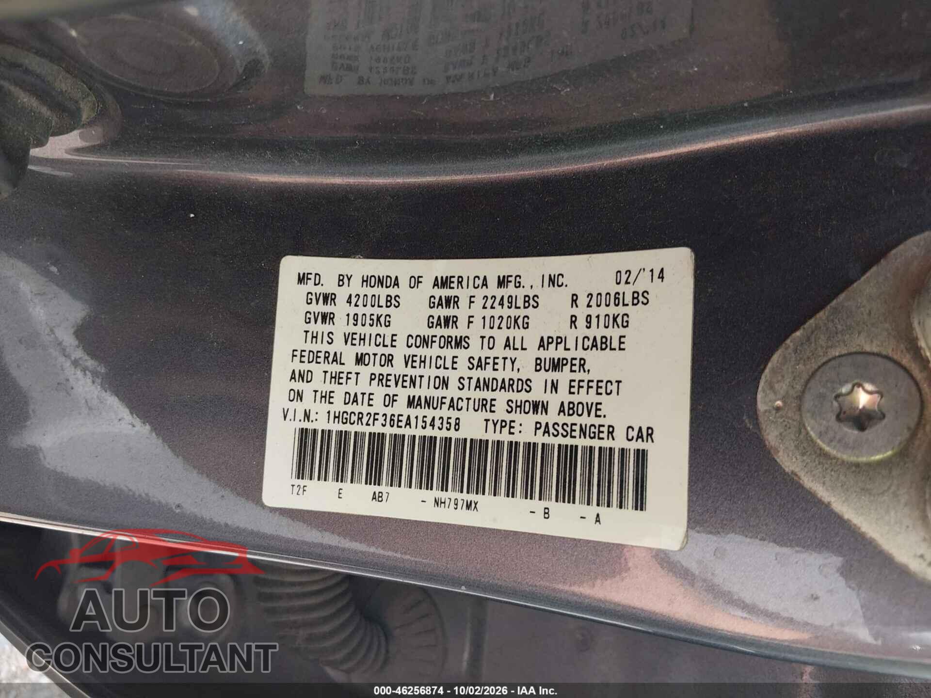 HONDA ACCORD 2014 - 1HGCR2F36EA154358
