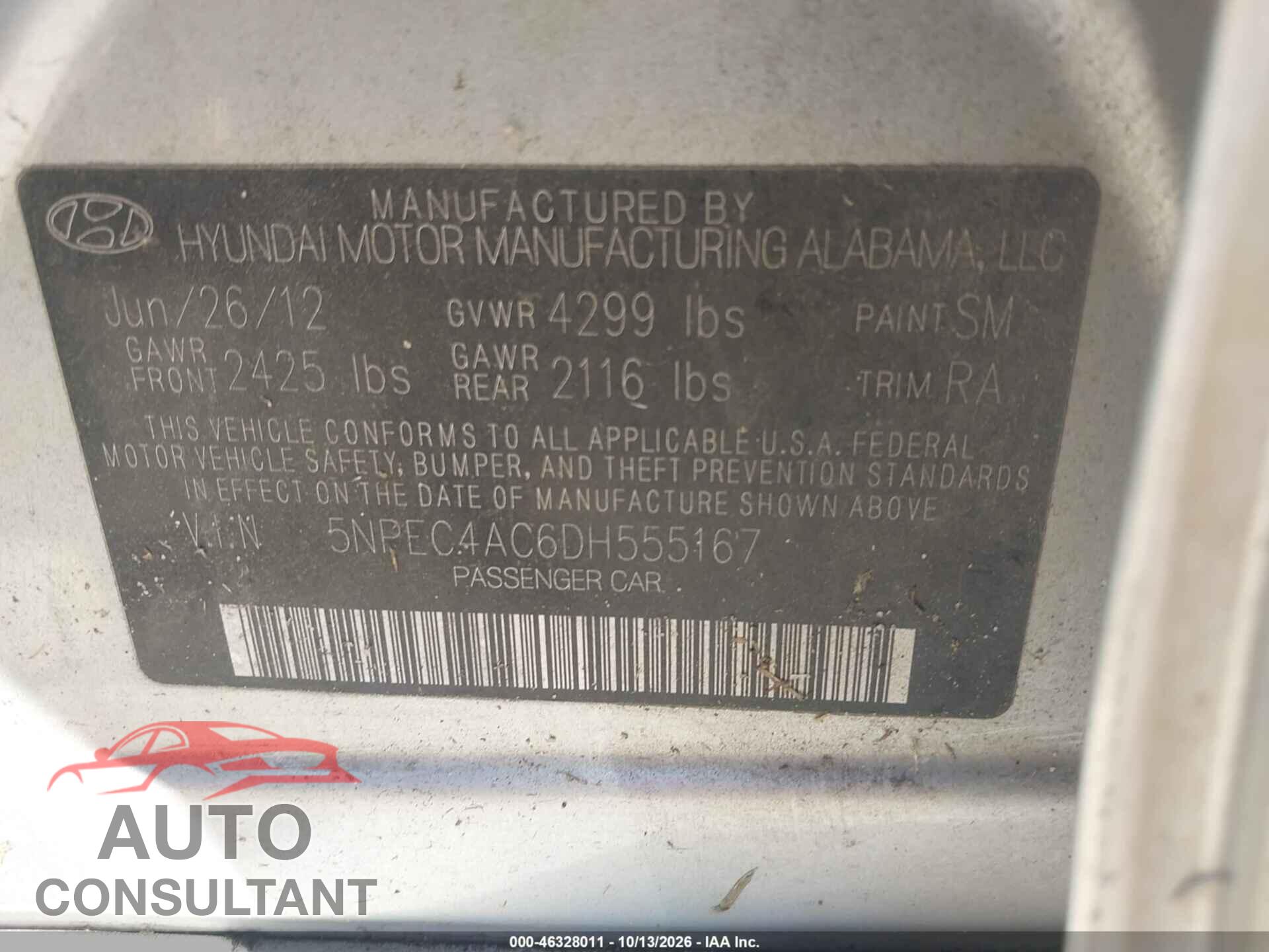 HYUNDAI SONATA 2013 - 5NPEC4AC6DH555167