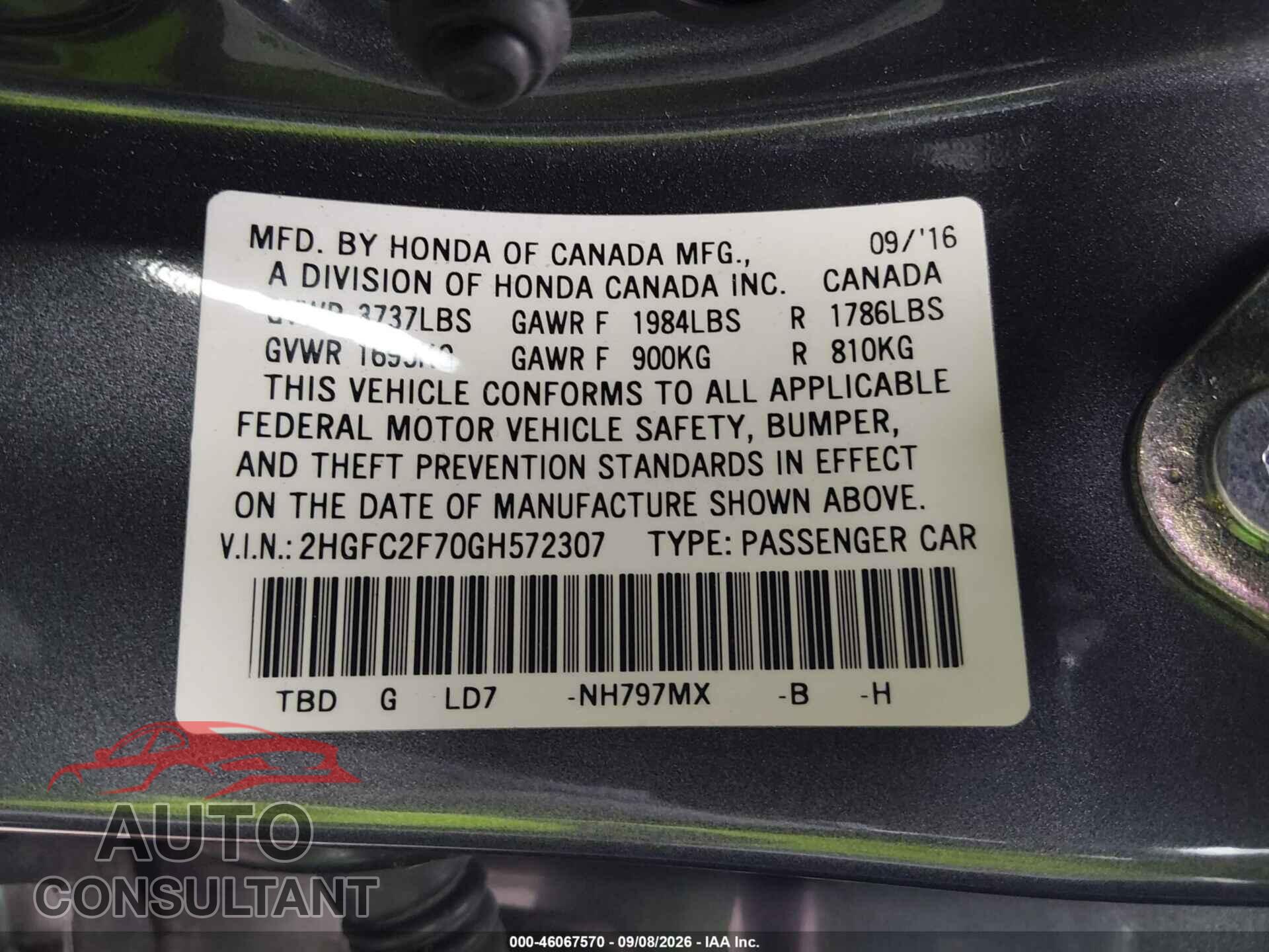 HONDA CIVIC 2016 - 2HGFC2F70GH572307
