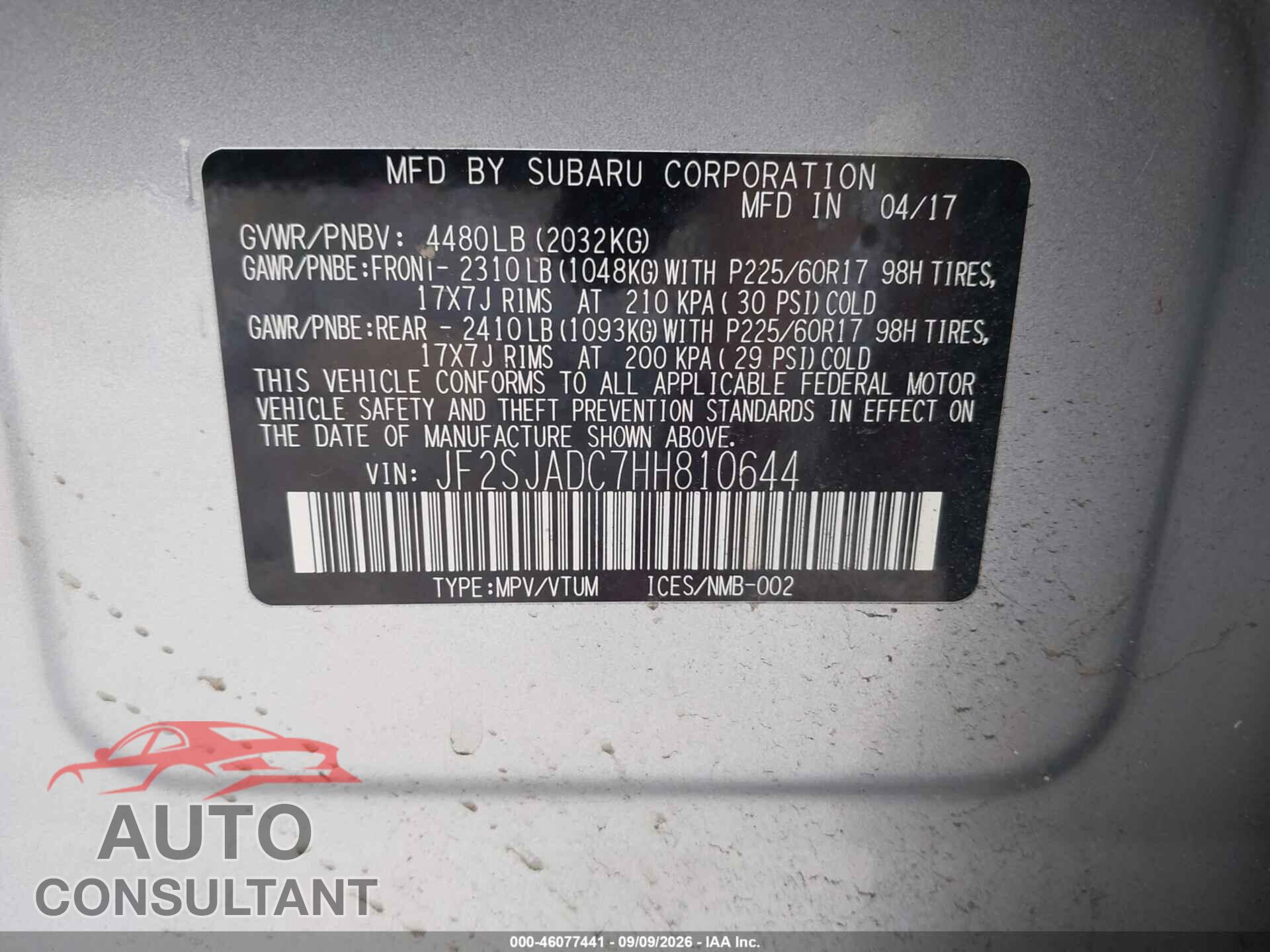 SUBARU FORESTER 2017 - JF2SJADC7HH810644