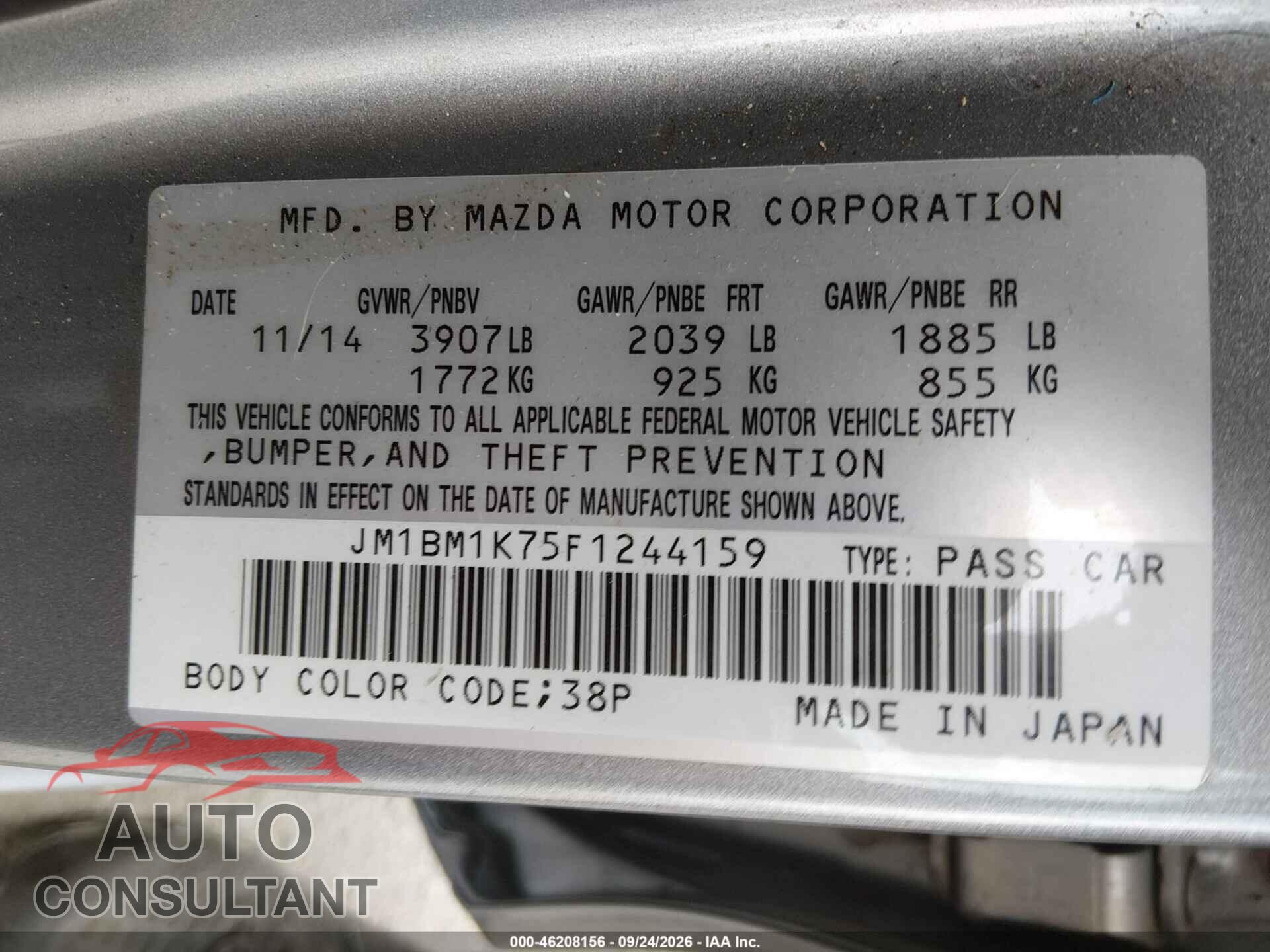 MAZDA MAZDA3 2015 - JM1BM1K75F1244159