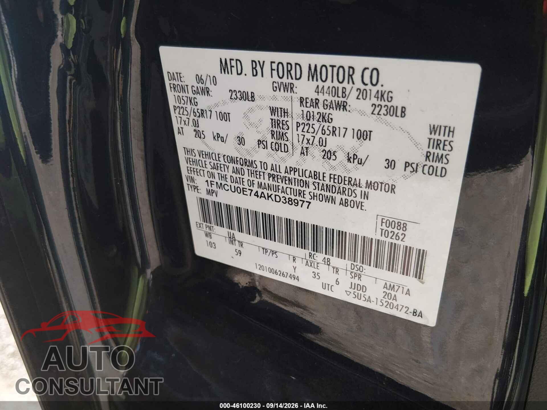 FORD ESCAPE 2010 - 1FMCU0E74AKD38977