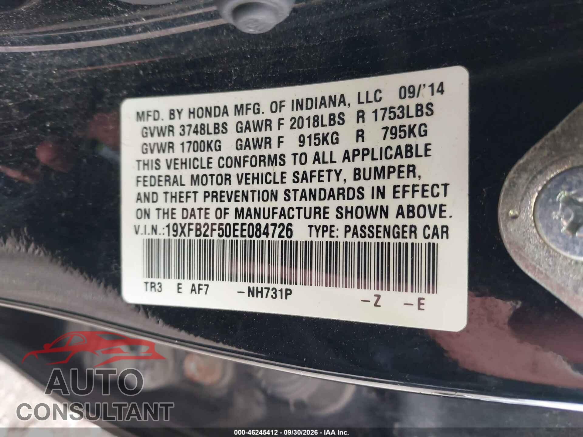 HONDA CIVIC 2014 - 19XFB2F50EE084726