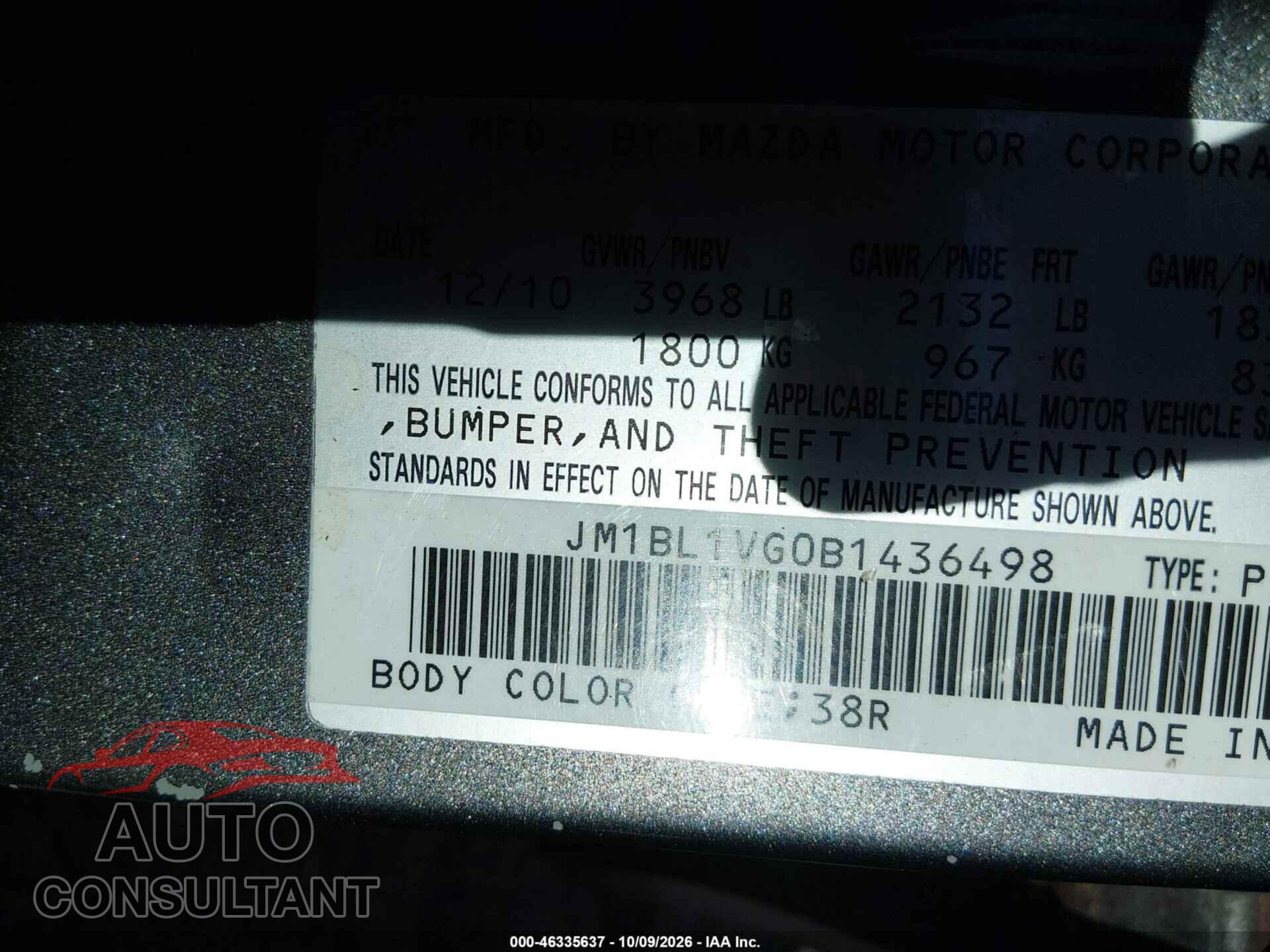 MAZDA MAZDA3 2011 - JM1BL1VG0B1436498