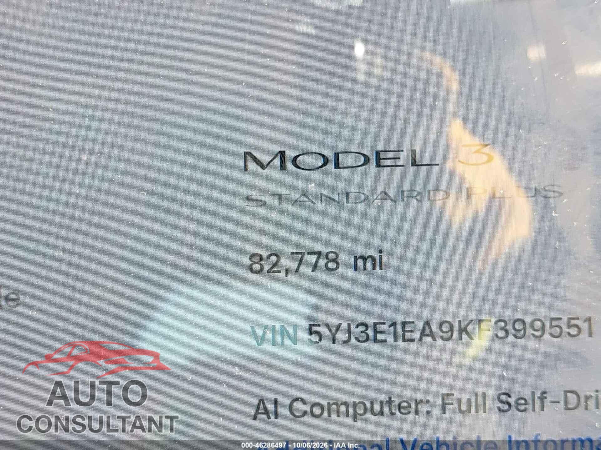 TESLA MODEL 3 2019 - 5YJ3E1EA9KF399551