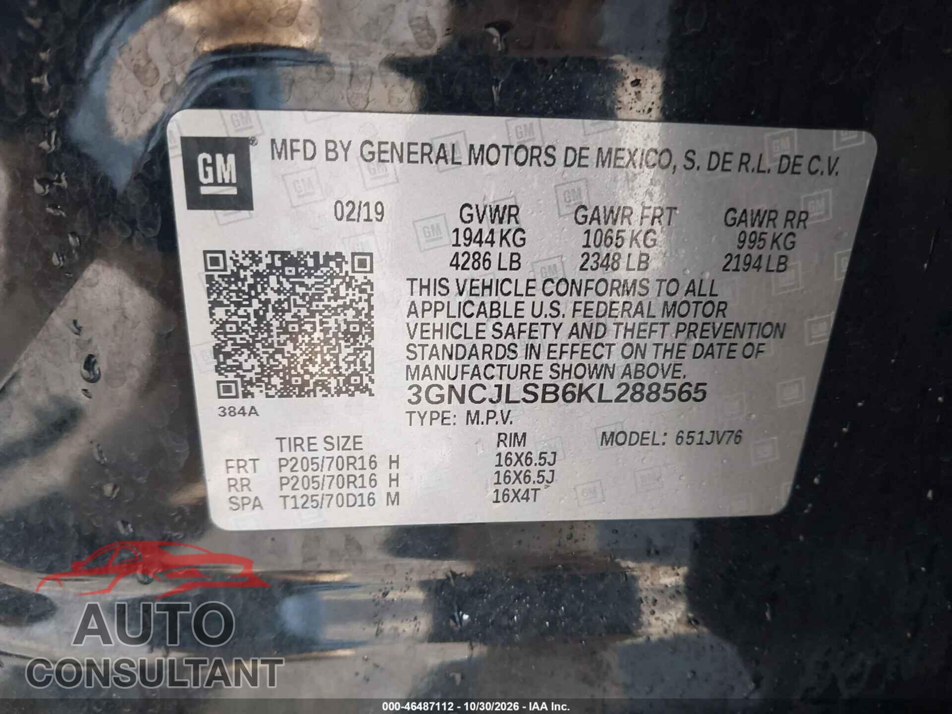 CHEVROLET TRAX 2019 - 3GNCJLSB6KL288565