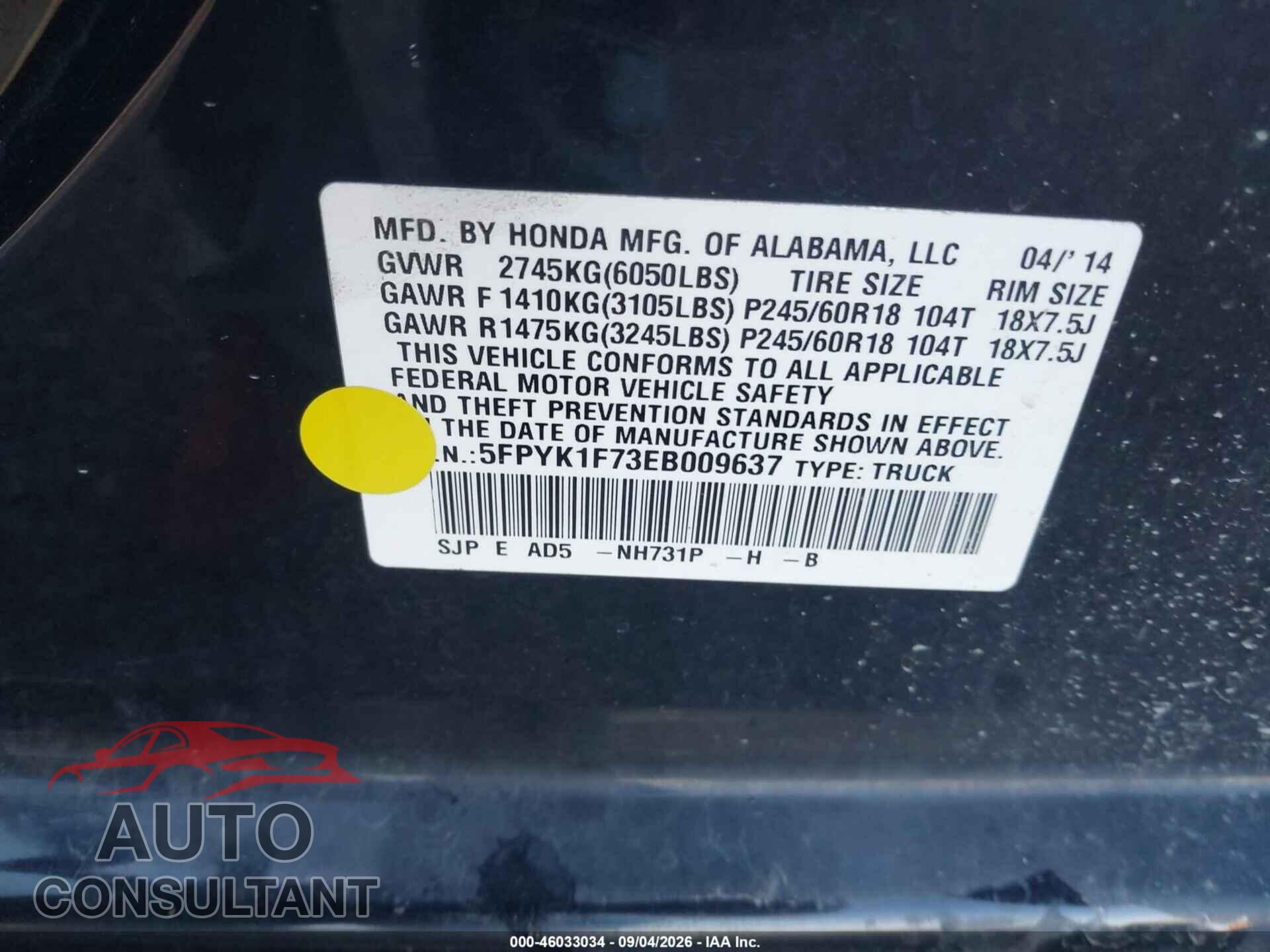 HONDA RIDGELINE 2014 - 5FPYK1F73EB009637
