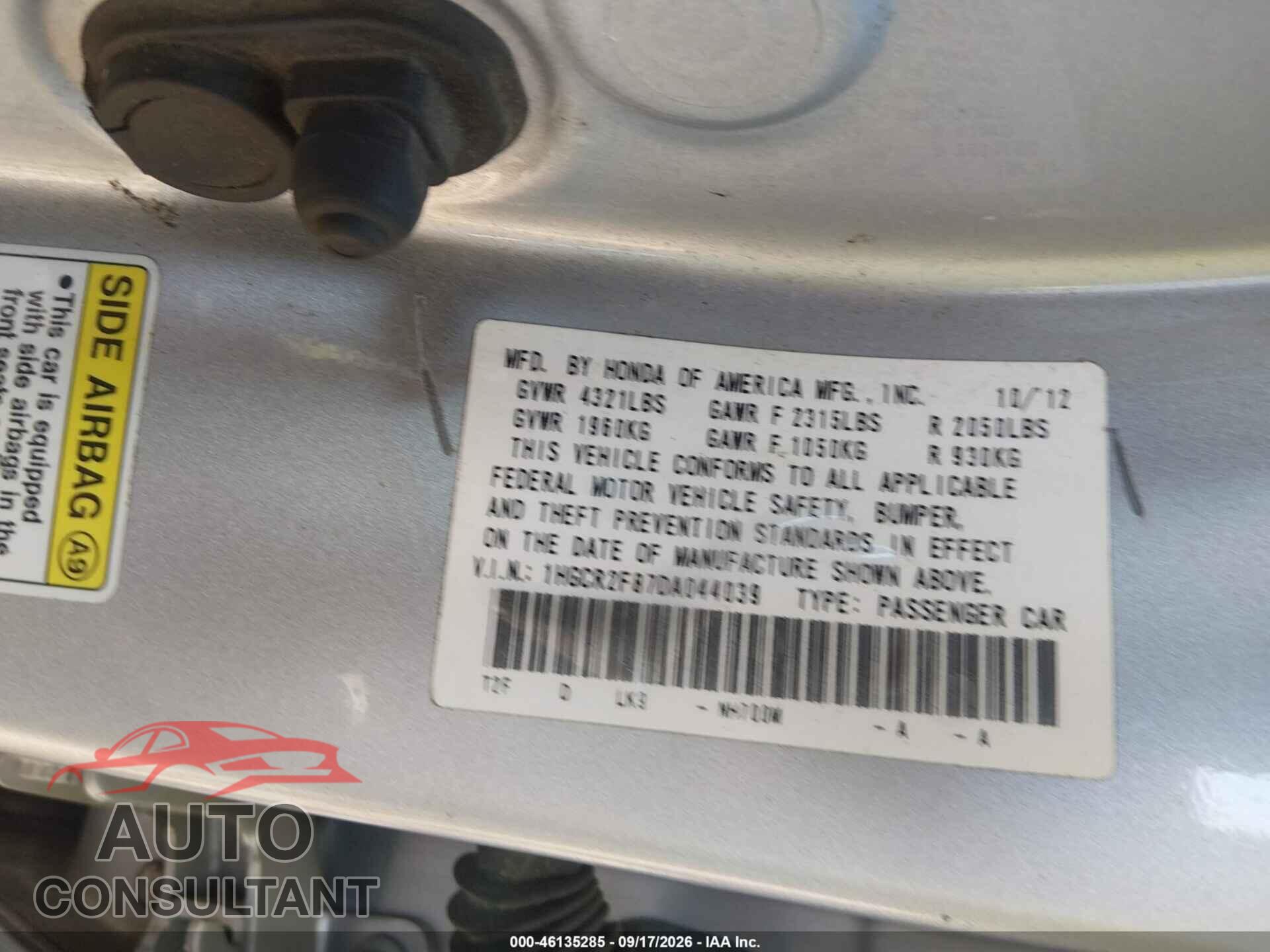 HONDA ACCORD 2013 - 1HGCR2F87DA044039