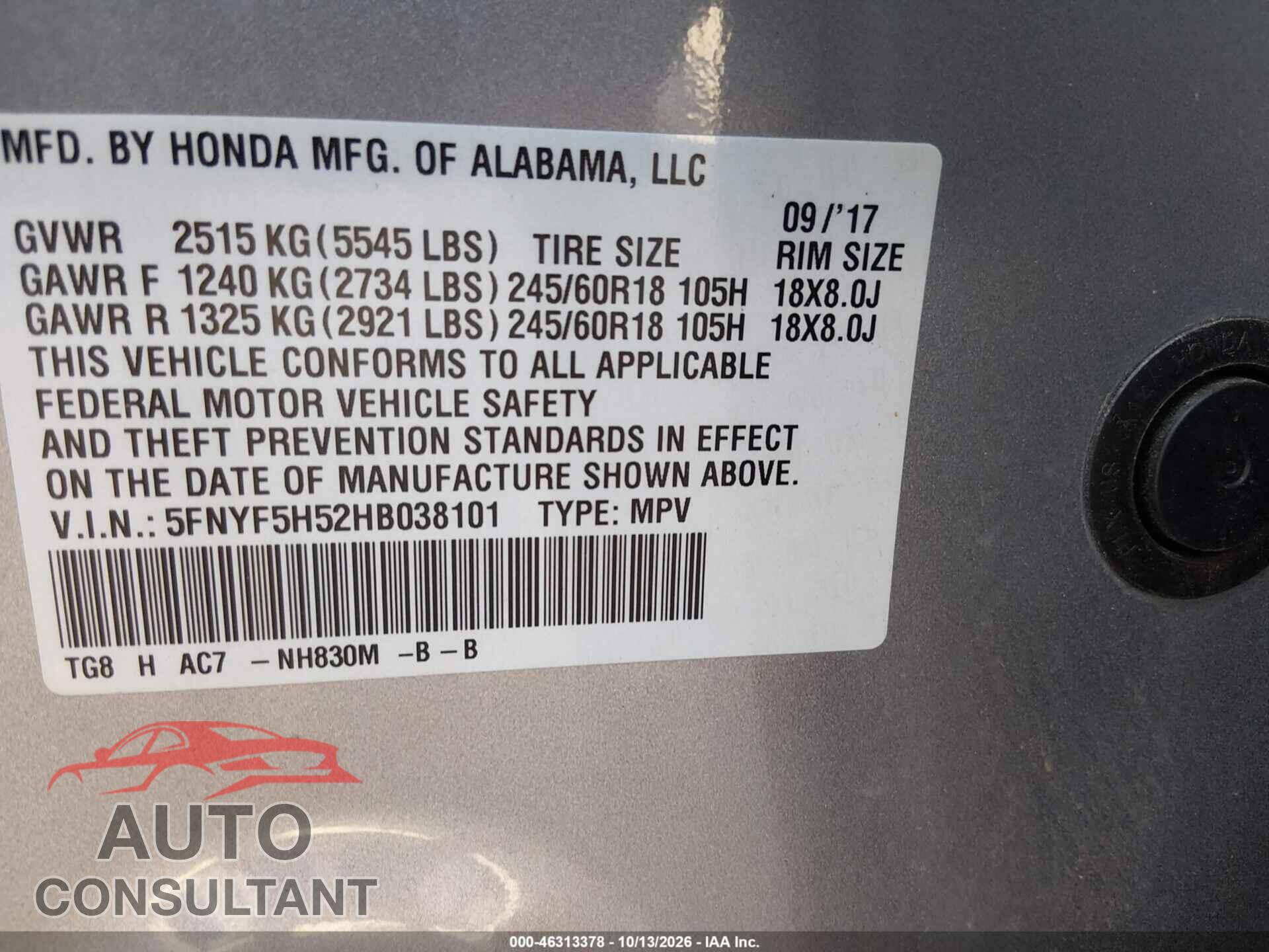 HONDA PILOT 2017 - 5FNYF5H52HB038101