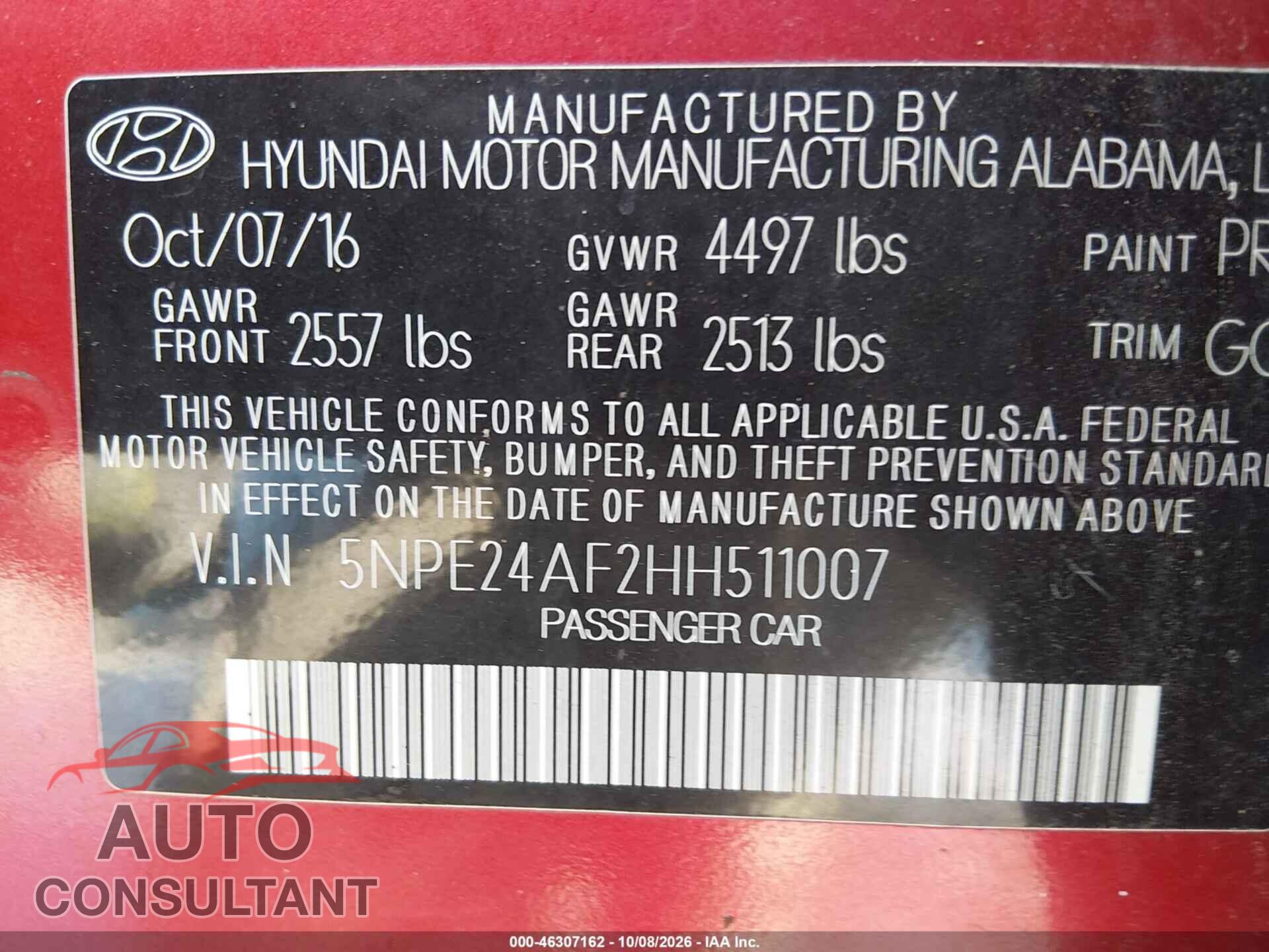 HYUNDAI SONATA 2017 - 5NPE24AF2HH511007
