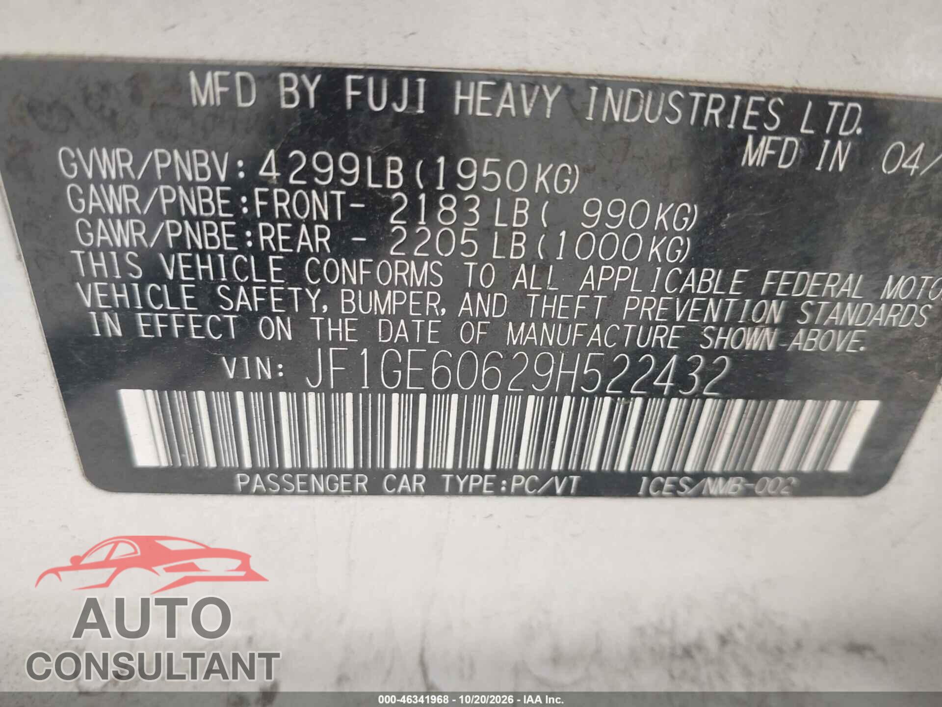 SUBARU IMPREZA 2009 - JF1GE60629H522432