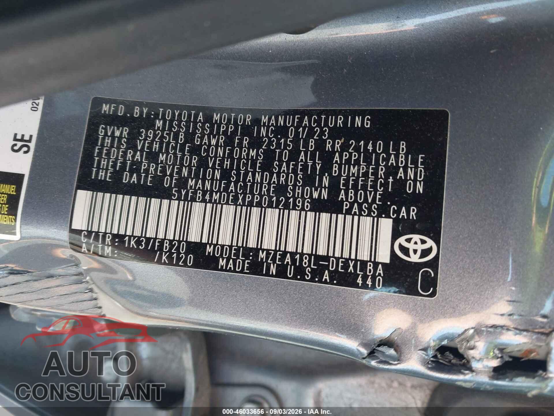 TOYOTA COROLLA 2023 - 5YFB4MDEXPP012196