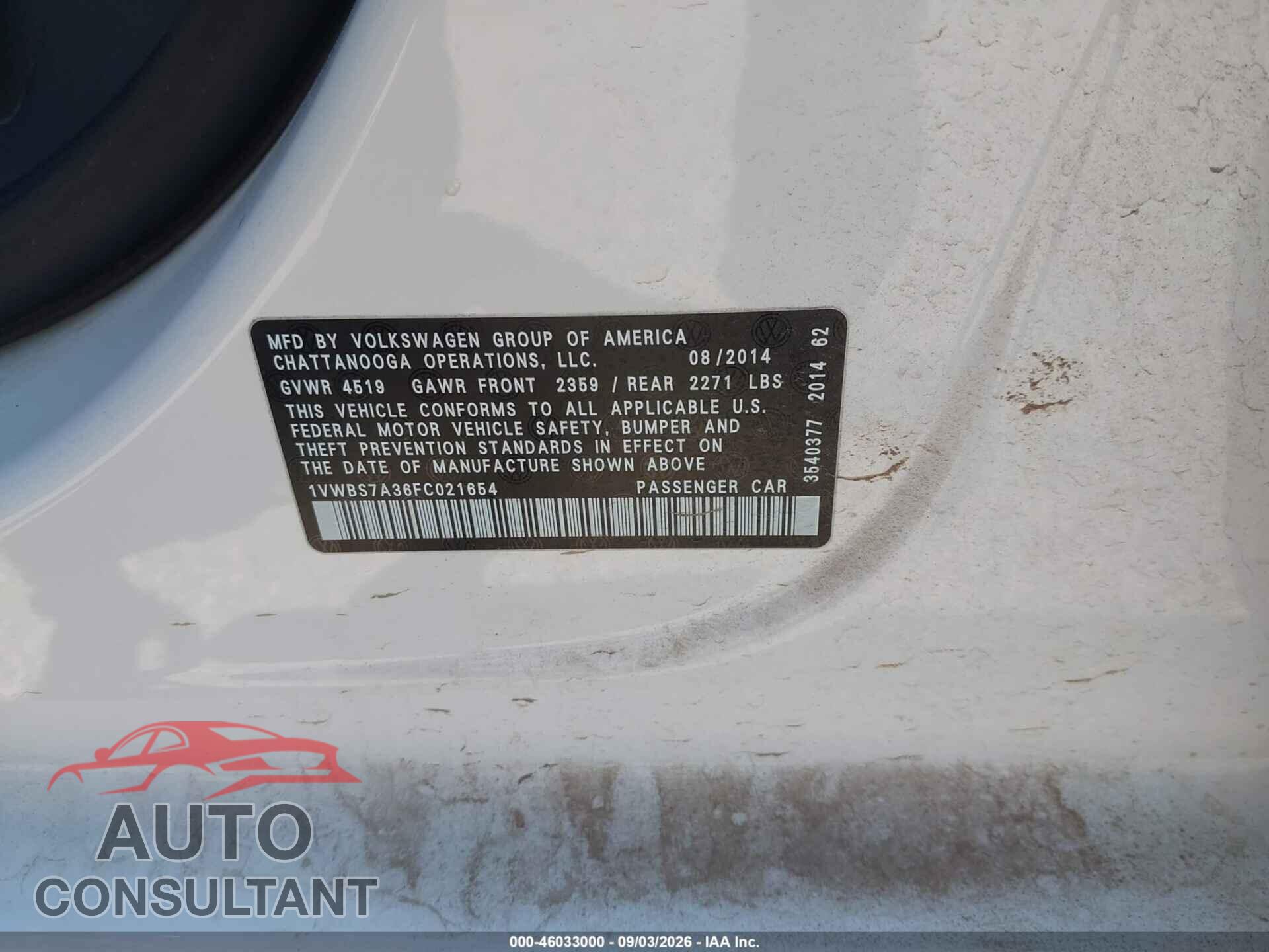 VOLKSWAGEN PASSAT 2015 - 1VWBS7A36FC021654