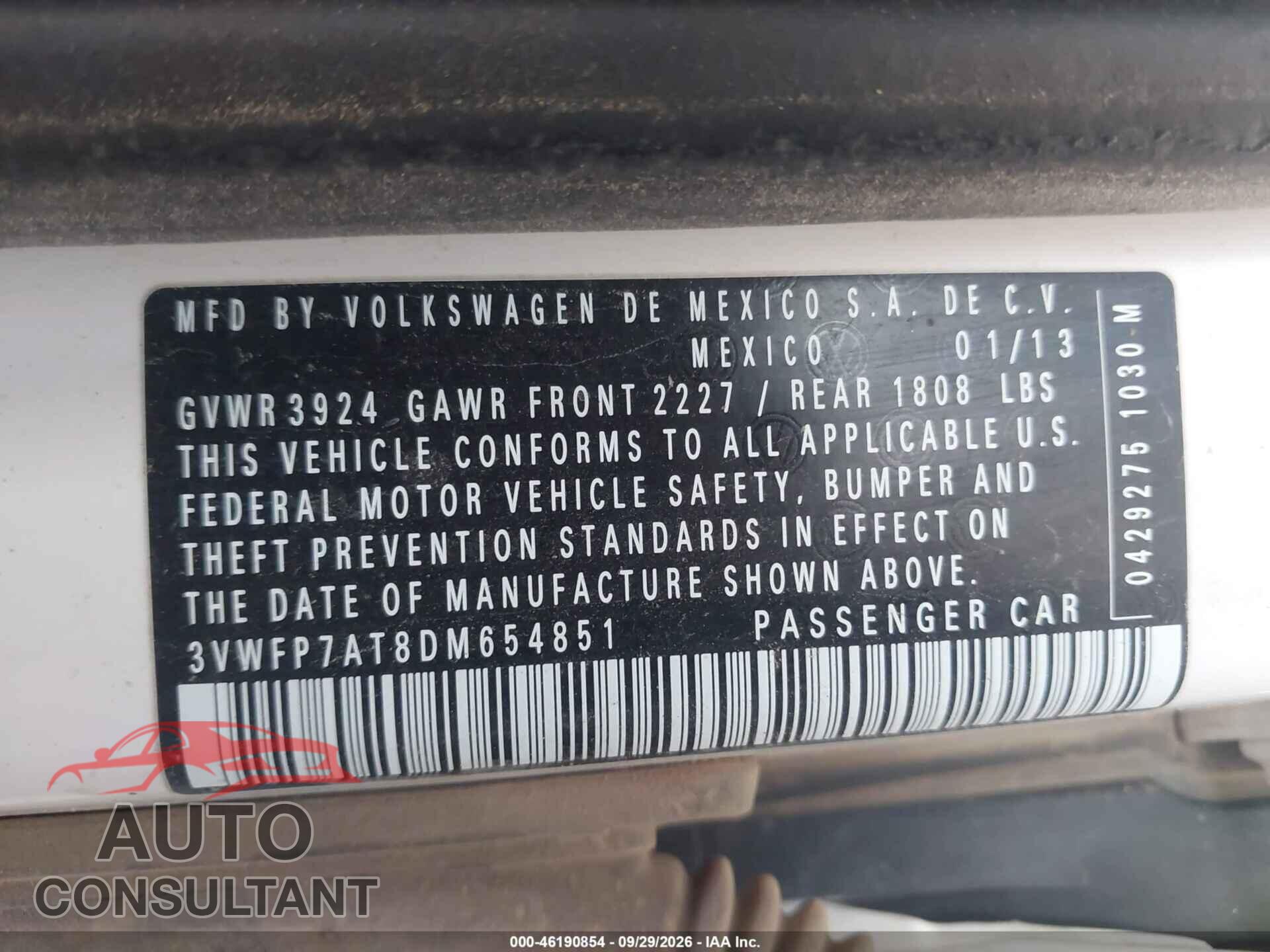 VOLKSWAGEN BEETLE 2013 - 3VWFP7AT8DM654851