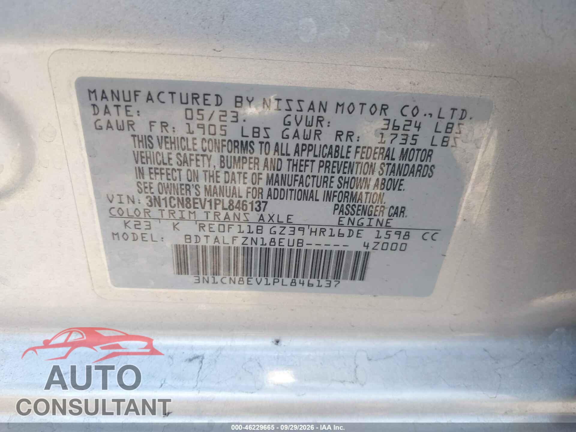 NISSAN VERSA 2023 - 3N1CN8EV1PL846137