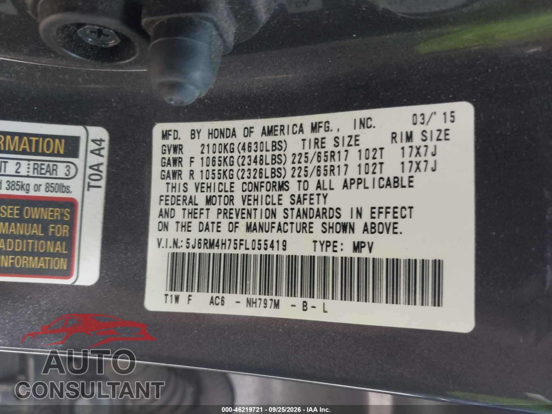 HONDA CR-V 2015 - 5J6RM4H75FL055419
