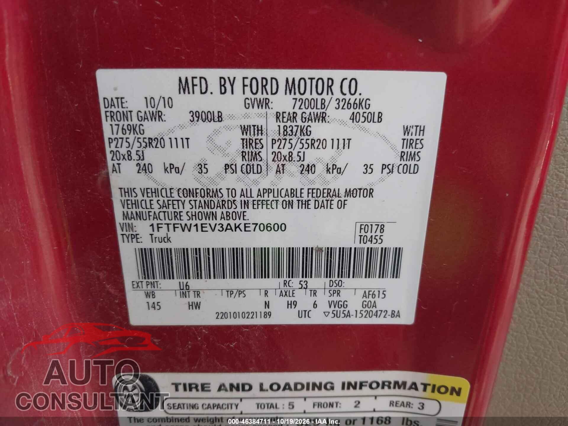 FORD F-150 2010 - 1FTFW1EV3AKE70600