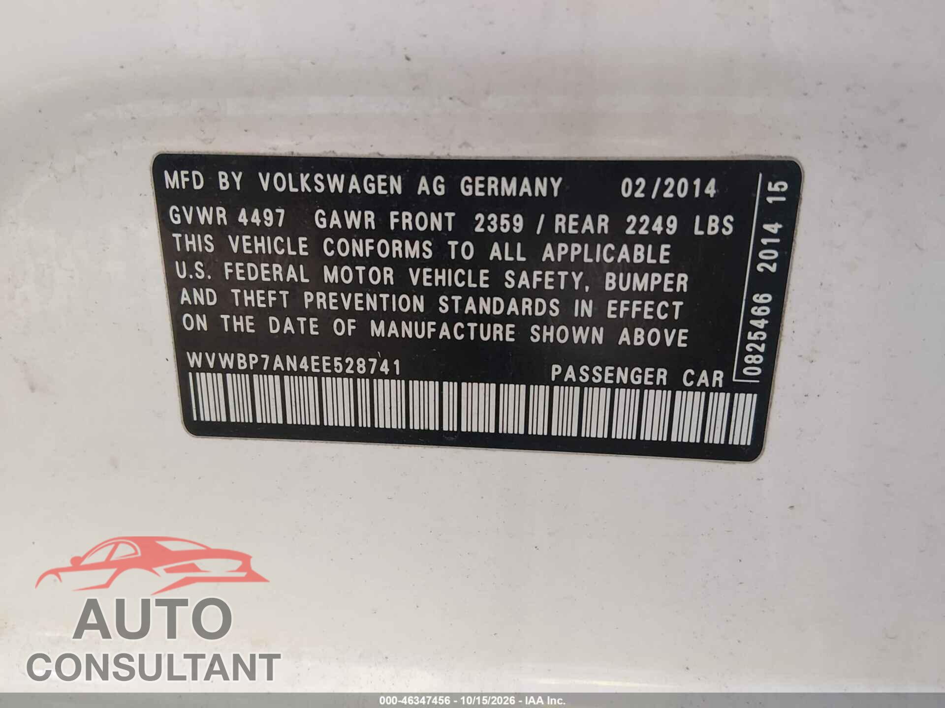 VOLKSWAGEN CC 2014 - WVWBP7AN4EE528741