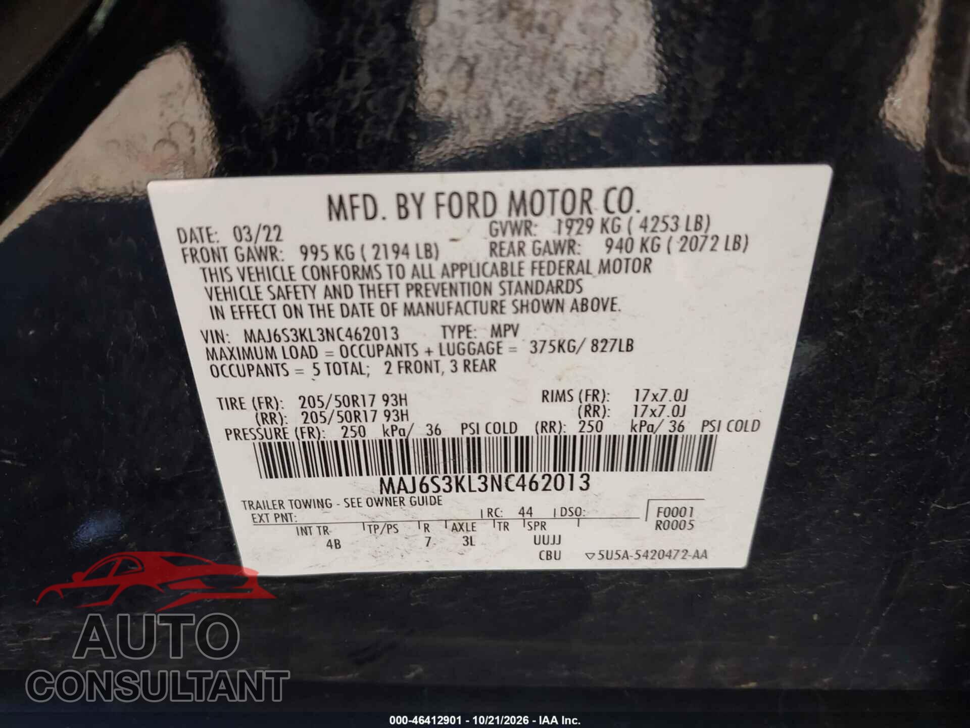 FORD ECOSPORT 2022 - MAJ6S3KL3NC462013