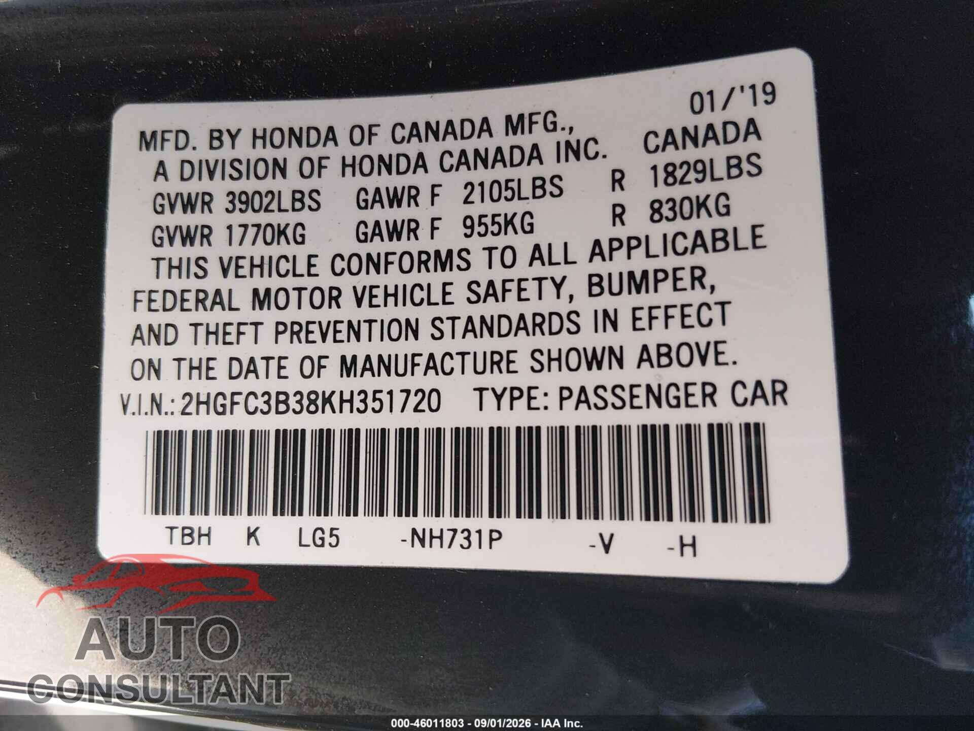 HONDA CIVIC 2019 - 2HGFC3B38KH351720