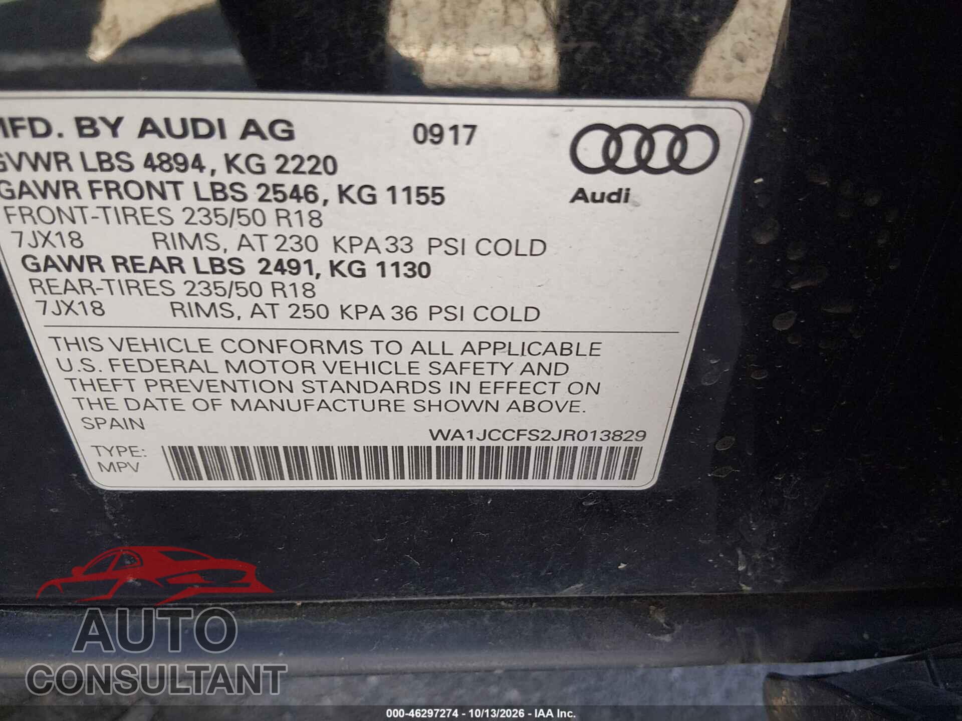 AUDI Q3 2018 - WA1JCCFS2JR013829