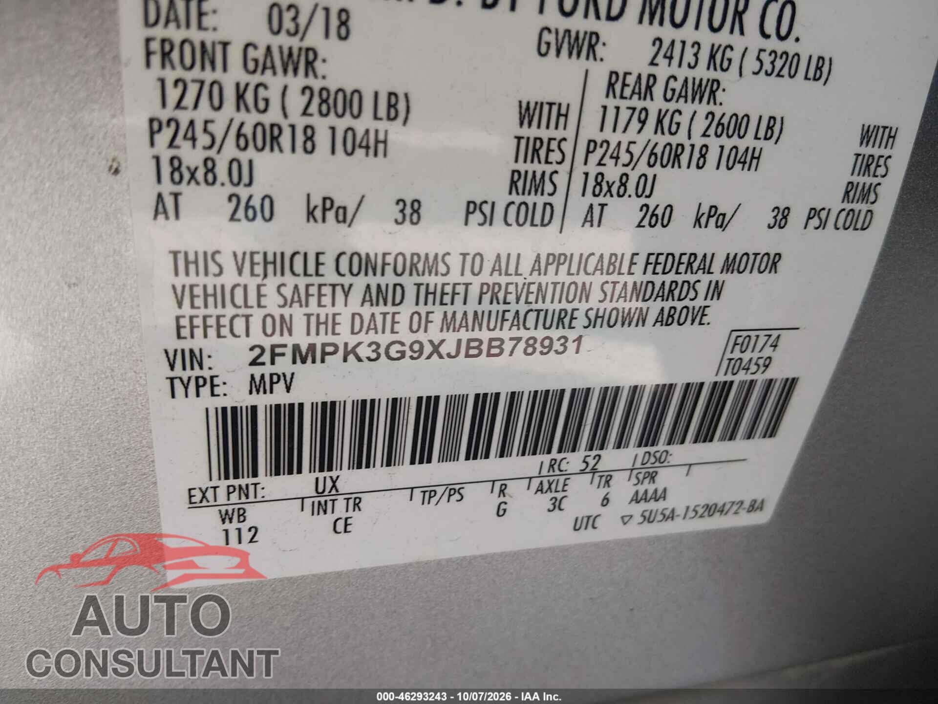 FORD EDGE 2018 - 2FMPK3G9XJBB78931