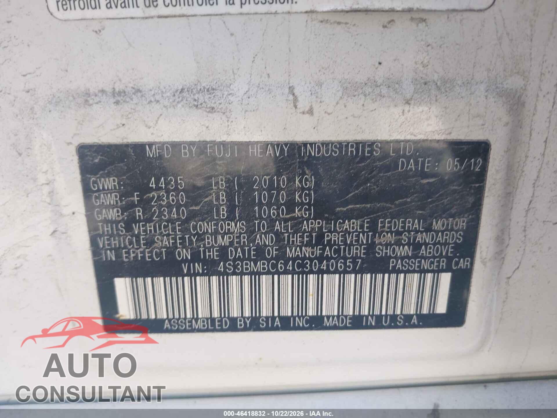 SUBARU LEGACY 2012 - 4S3BMBC64C3040657
