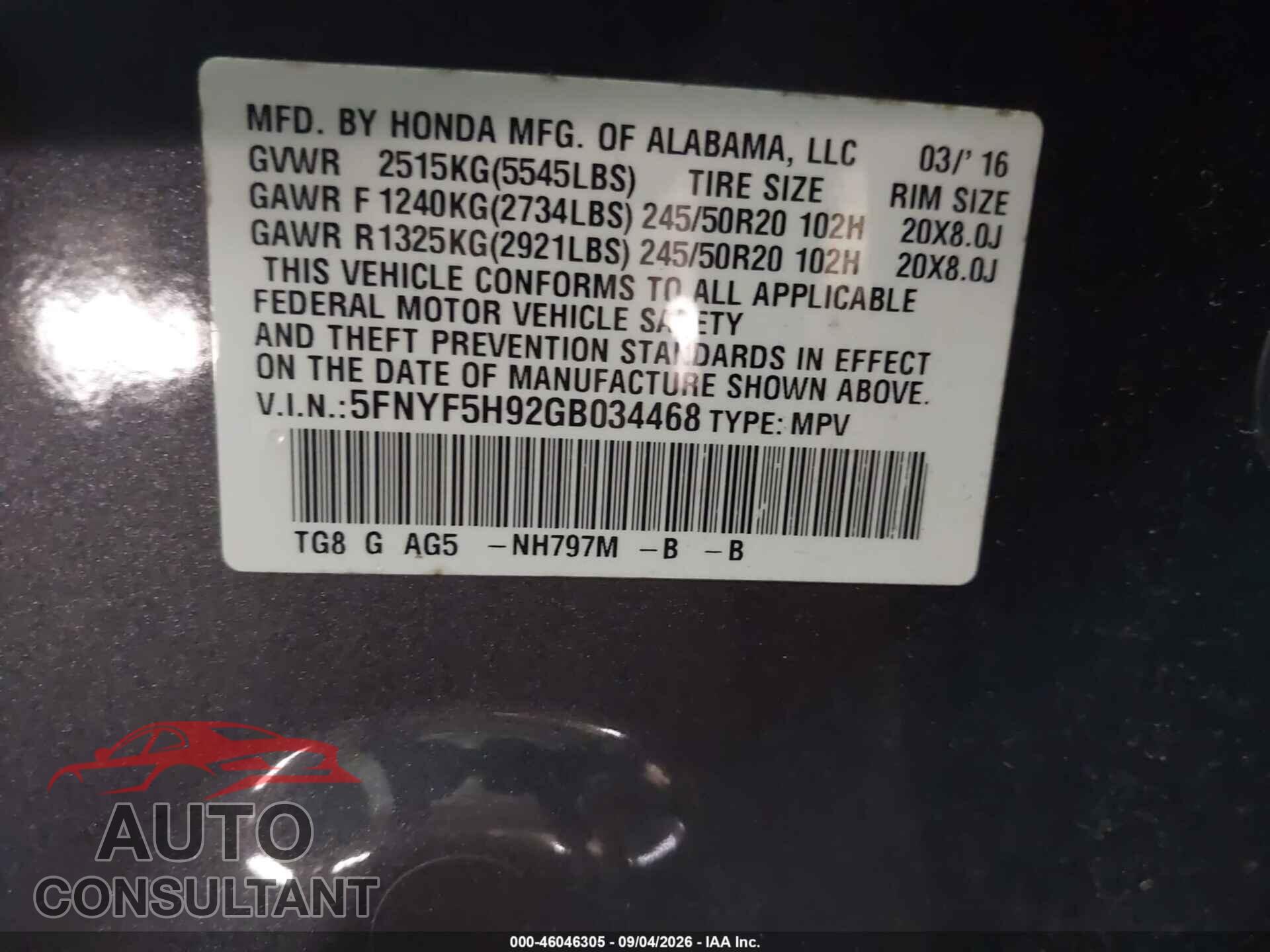 HONDA PILOT 2016 - 5FNYF5H92GB034468