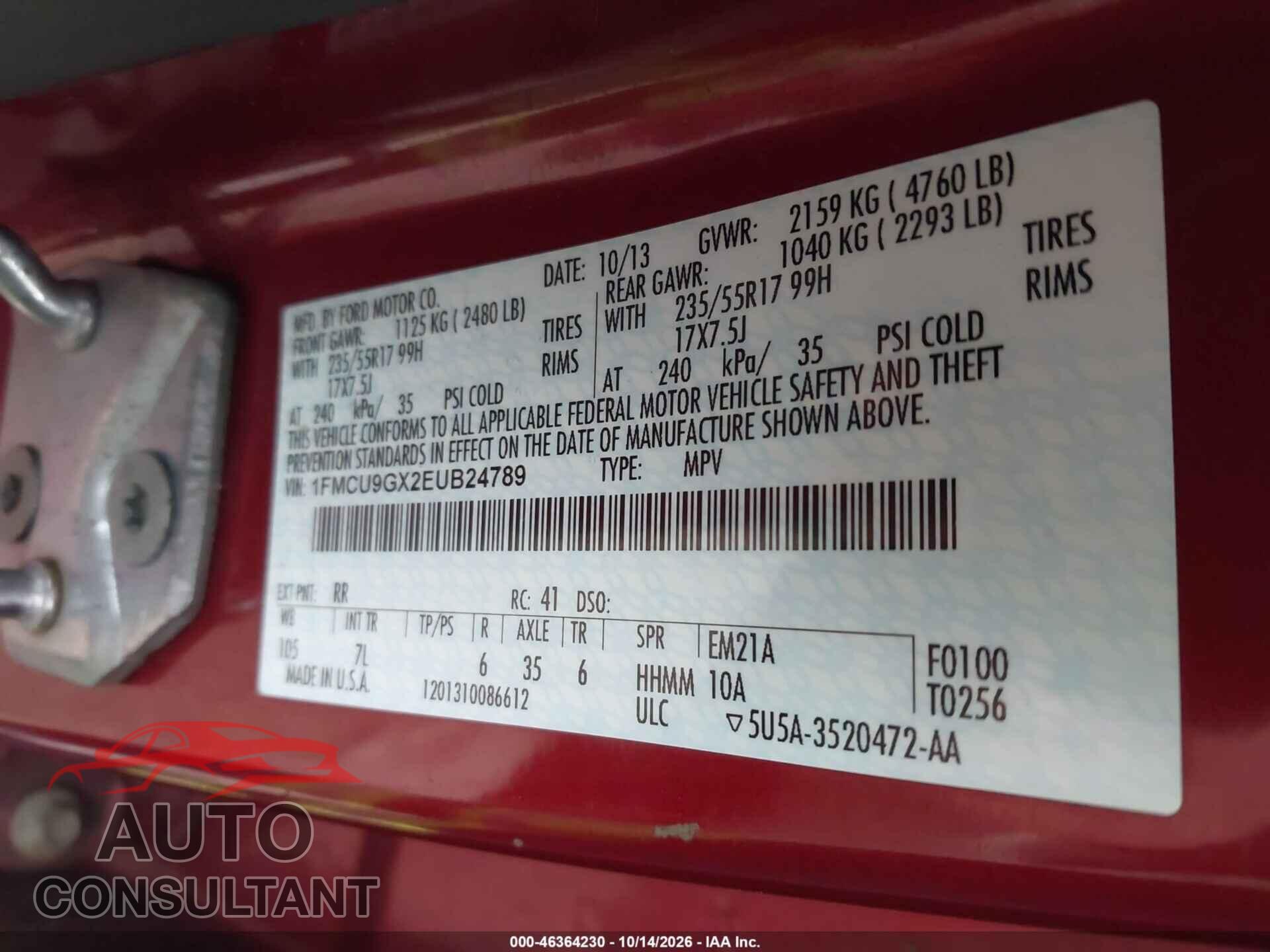 FORD ESCAPE 2014 - 1FMCU9GX2EUB24789