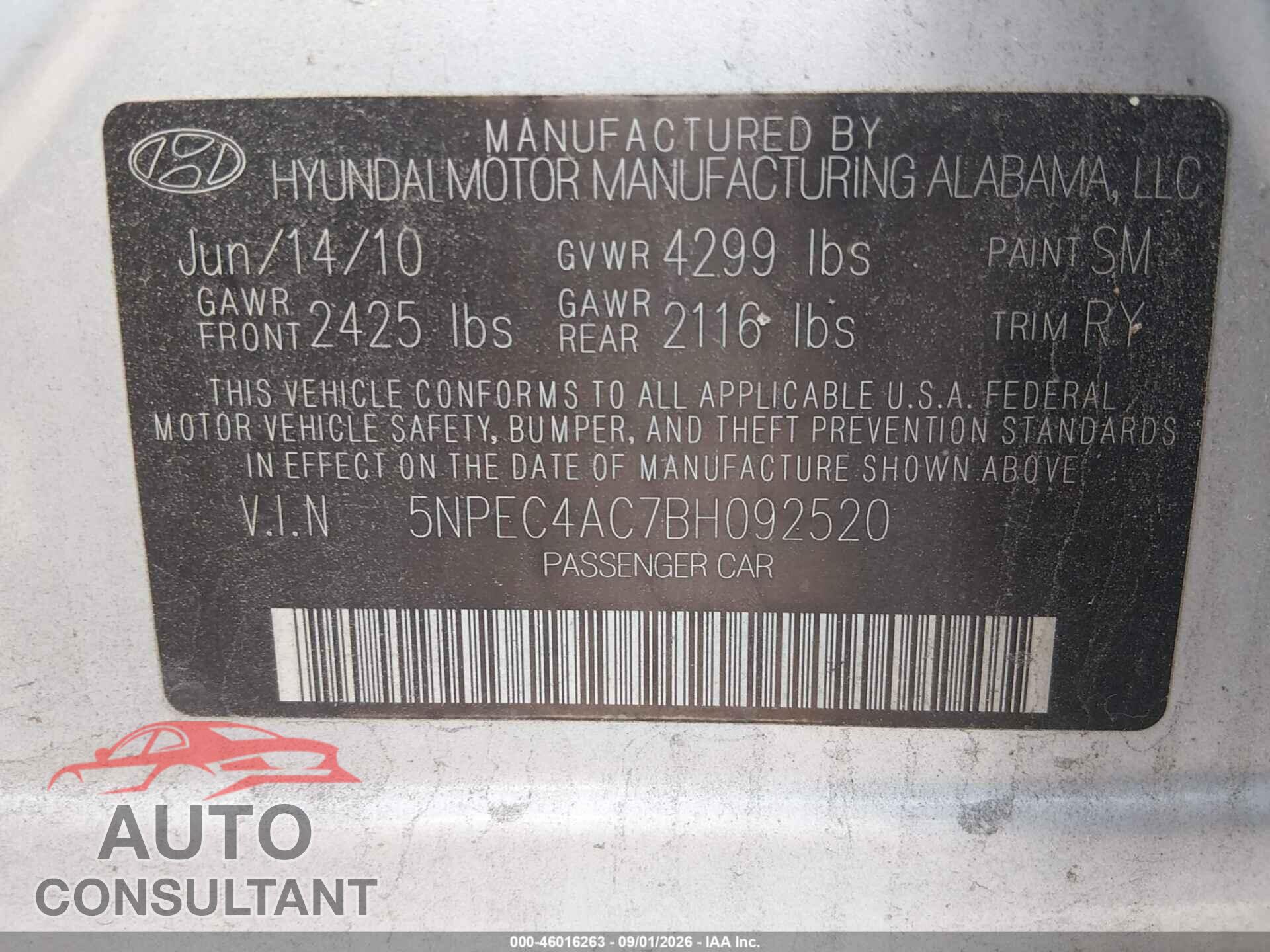 HYUNDAI SONATA 2011 - 5NPEC4AC7BH092520