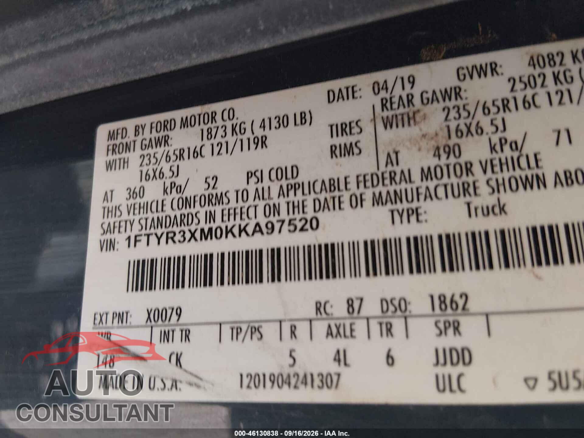 FORD TRANSIT-250 2019 - 1FTYR3XM0KKA97520
