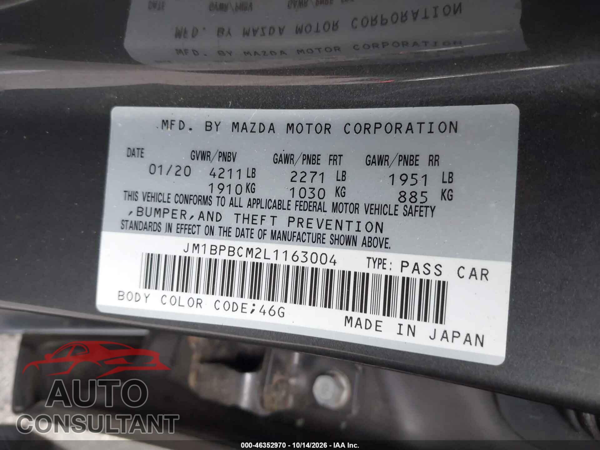 MAZDA MAZDA3 2020 - JM1BPBCM2L1163004