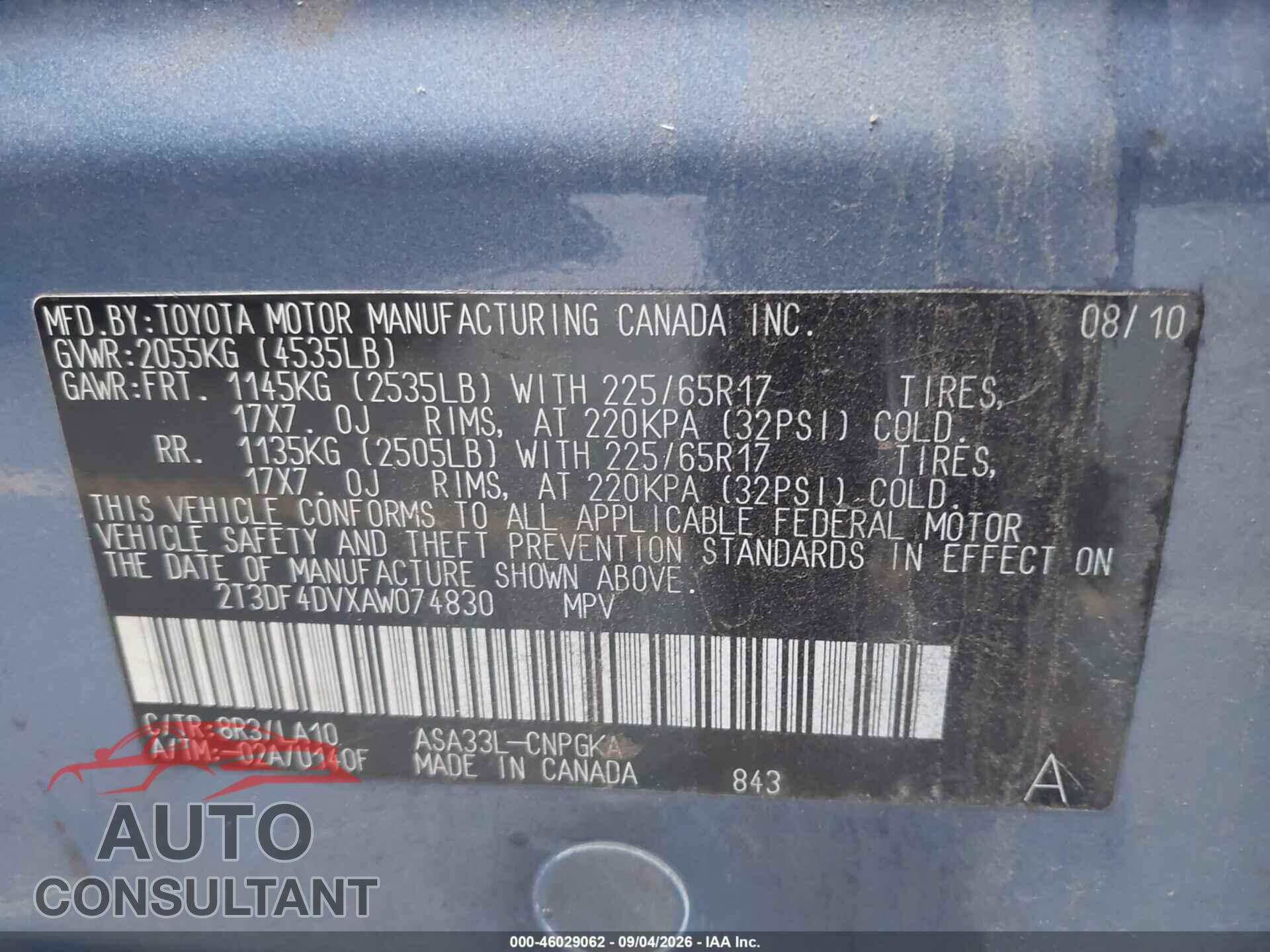TOYOTA RAV4 2010 - 2T3DF4DVXAW074830