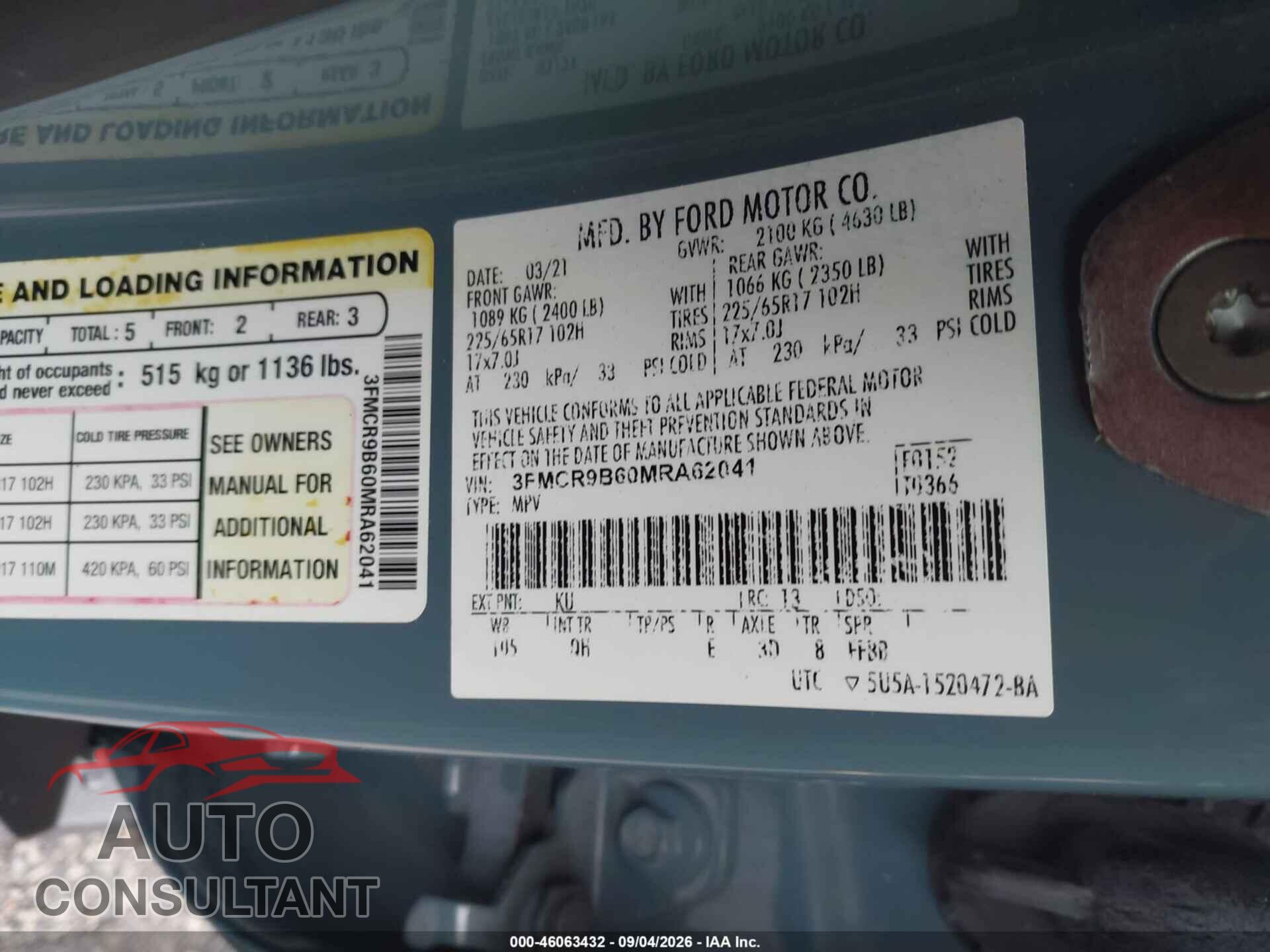 FORD BRONCO SPORT 2021 - 3FMCR9B60MRA62041