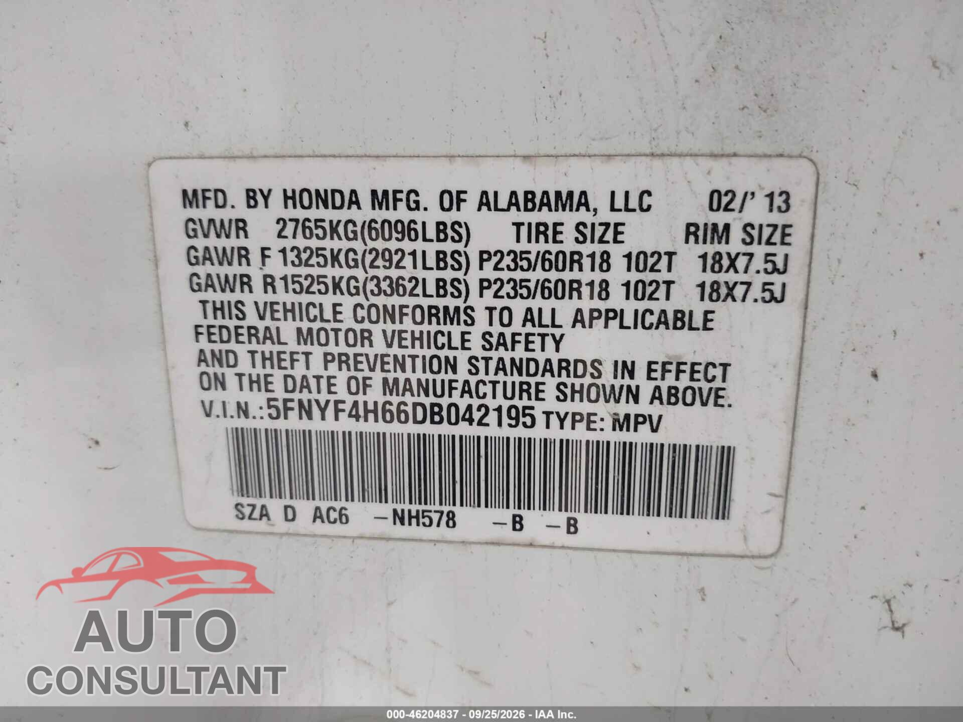 HONDA PILOT 2013 - 5FNYF4H66DB042195