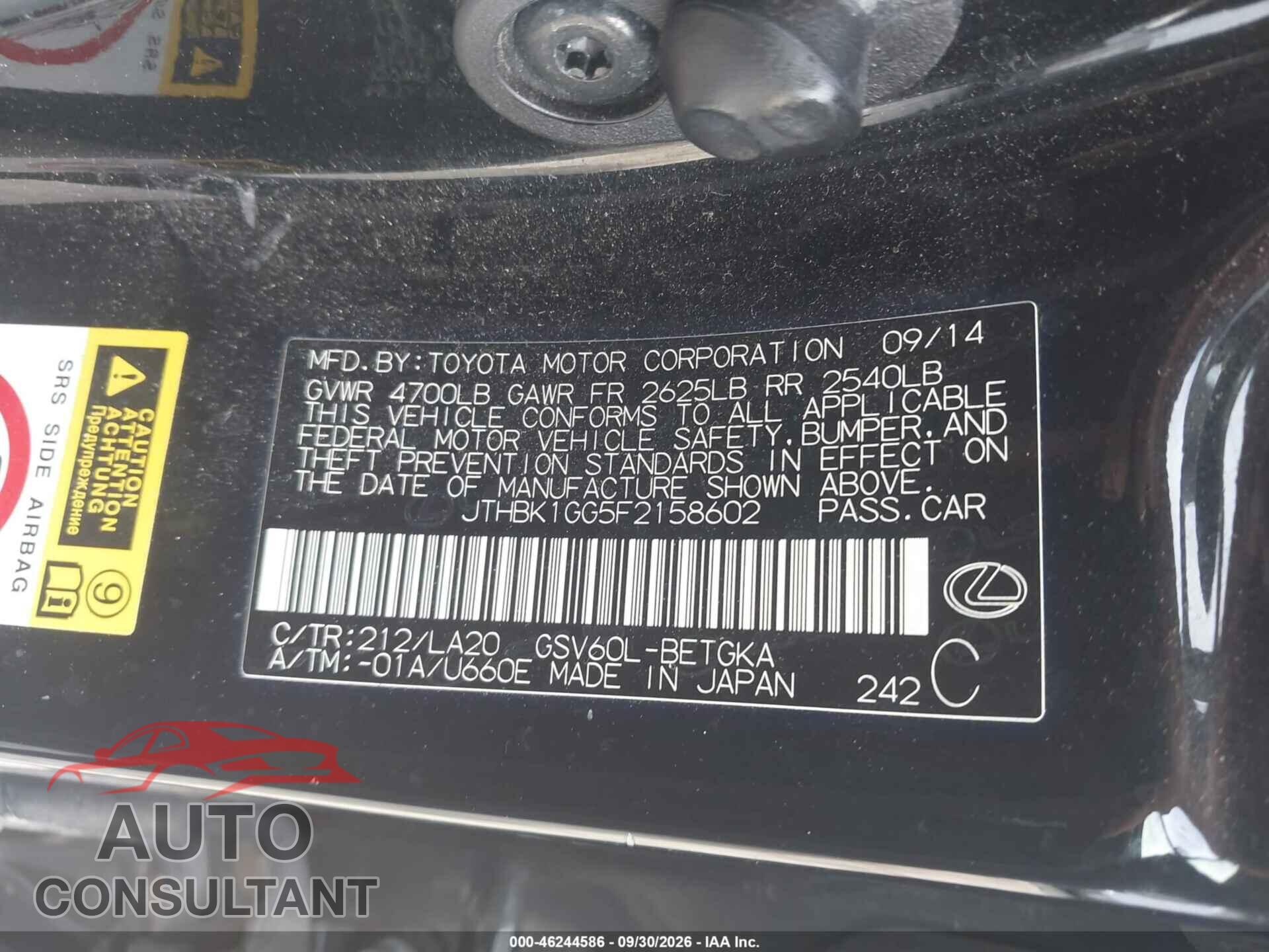 LEXUS ES 350 2015 - JTHBK1GG5F2158602