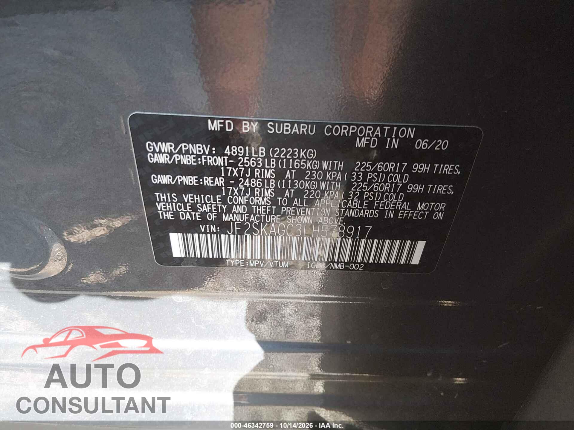 SUBARU FORESTER 2020 - JF2SKAGC3LH578917