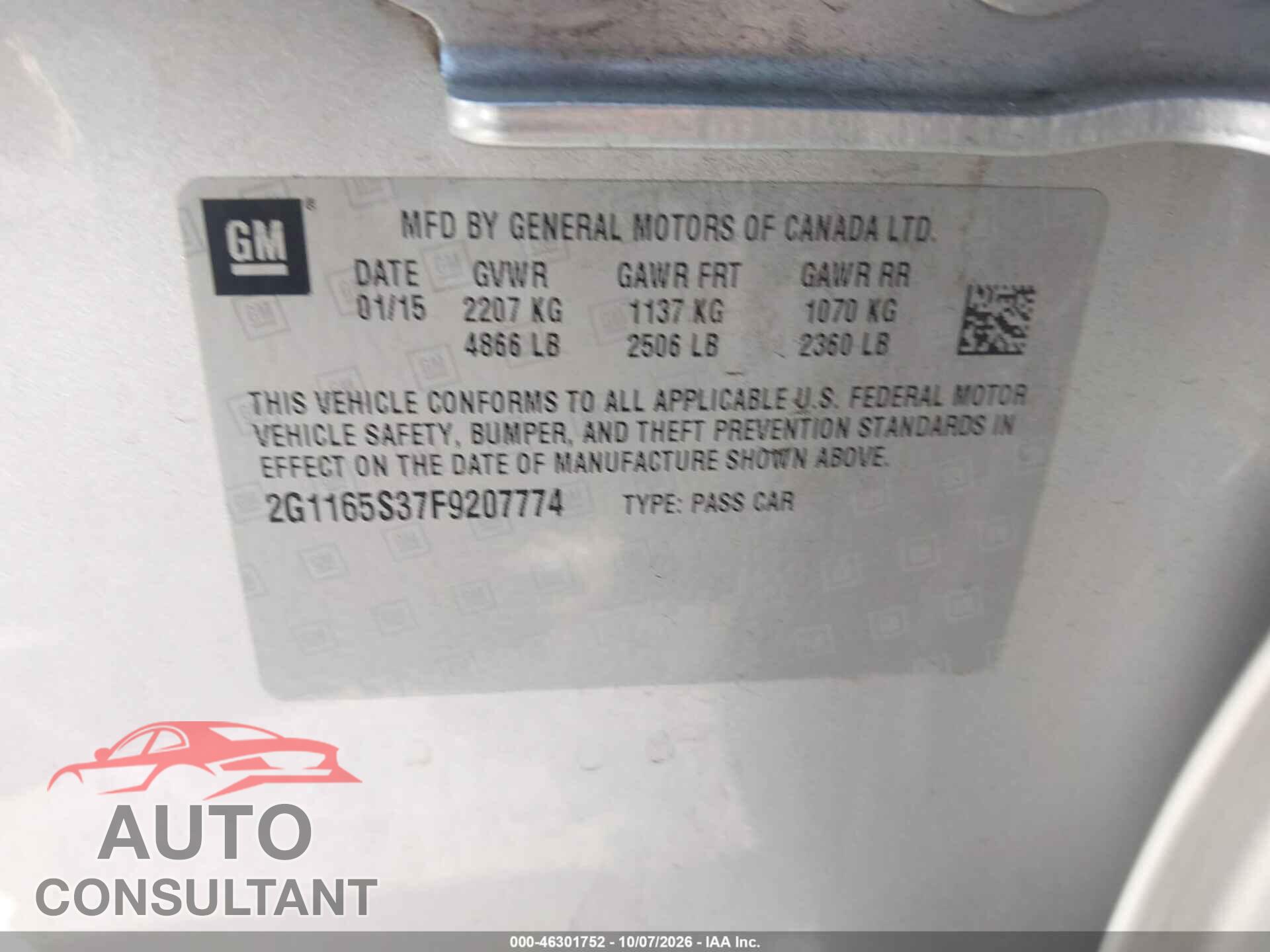 CHEVROLET IMPALA 2015 - 2G1165S37F9207774