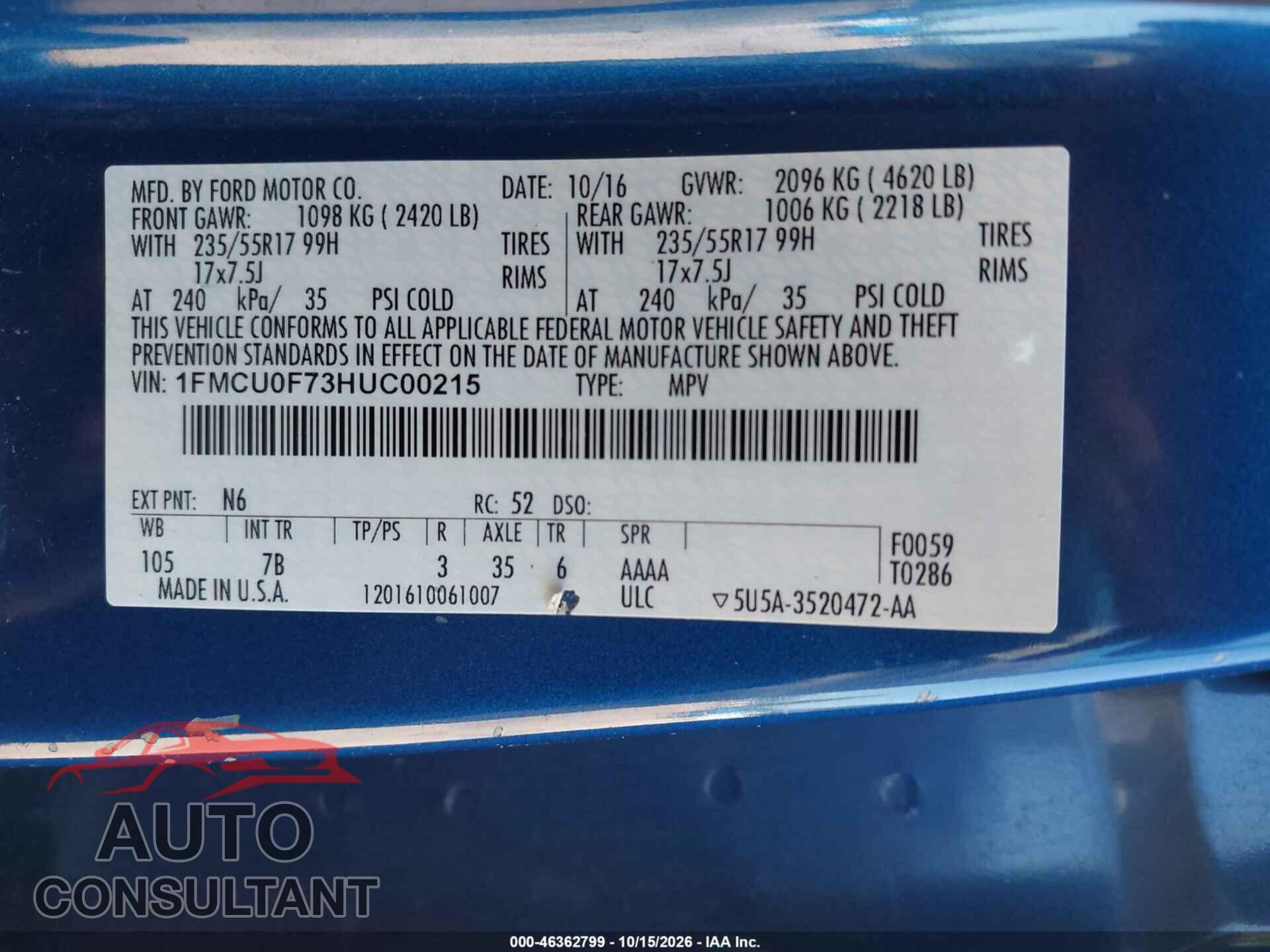 FORD ESCAPE 2017 - 1FMCU0F73HUC00215