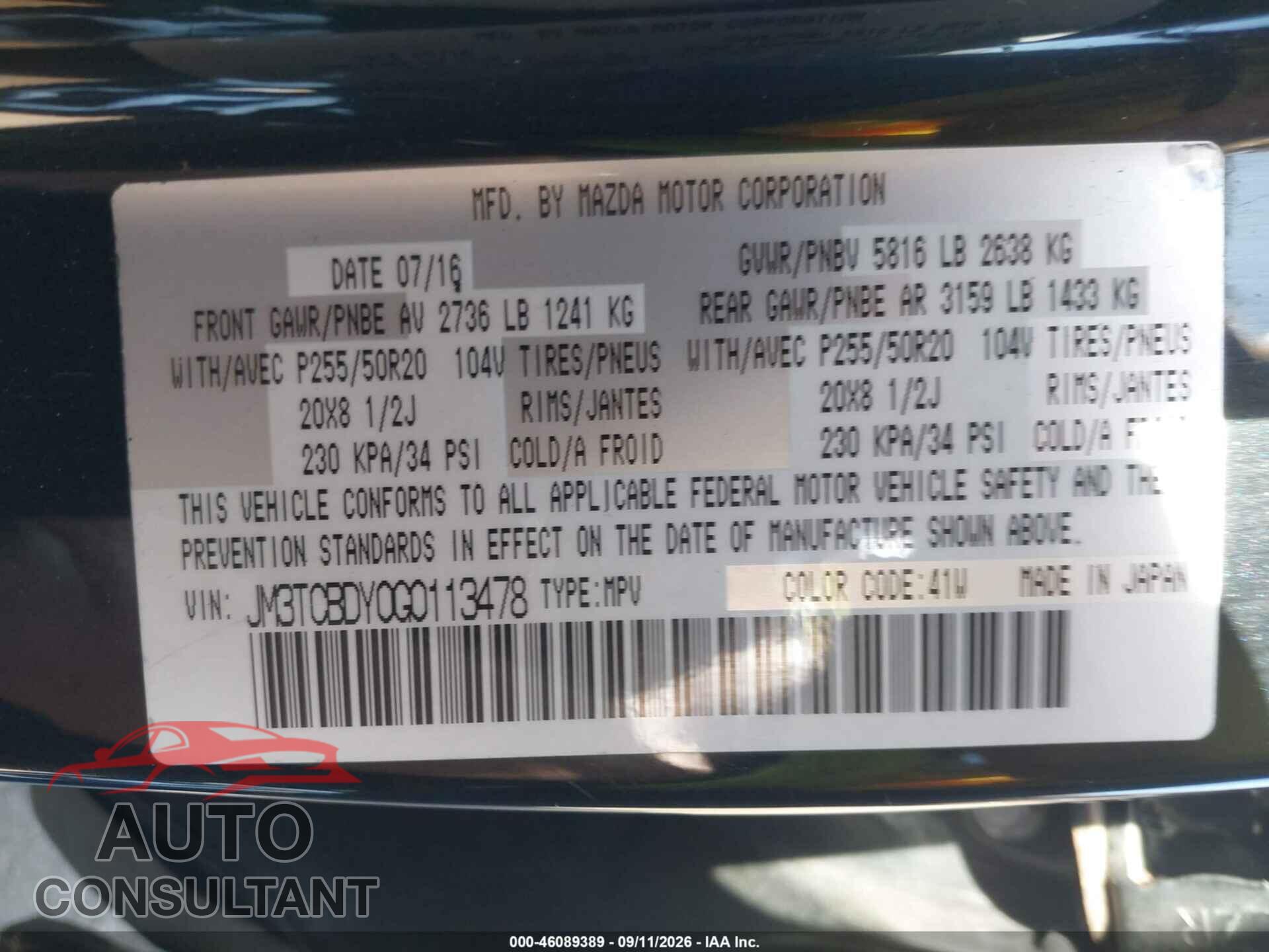 MAZDA CX-9 2016 - JM3TCBDY0G0113478
