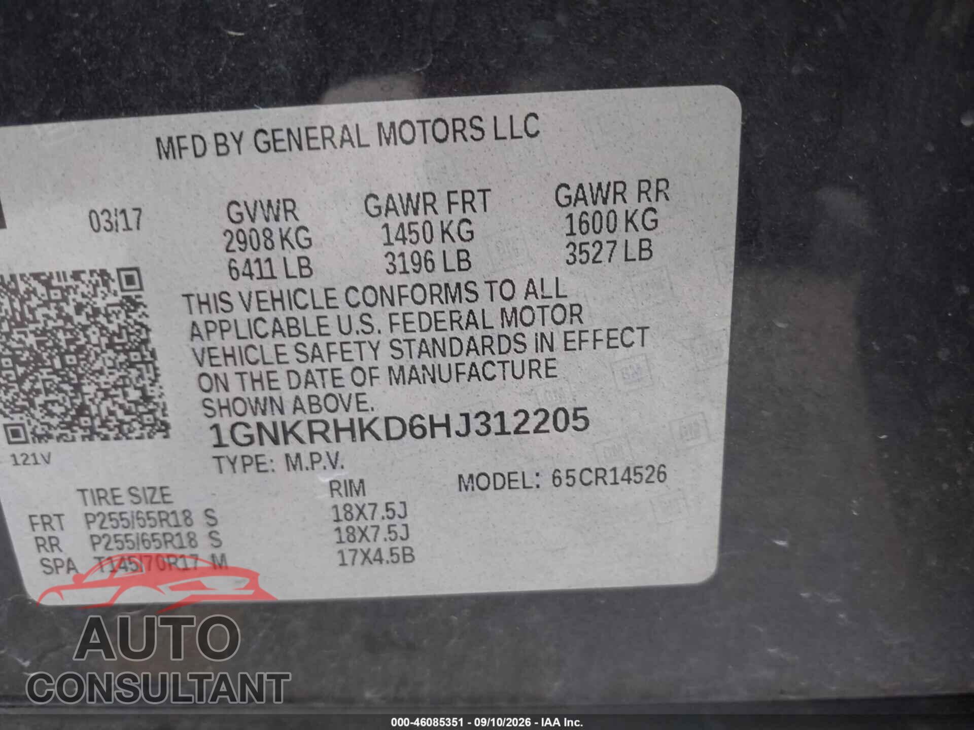 CHEVROLET TRAVERSE 2017 - 1GNKRHKD6HJ312205