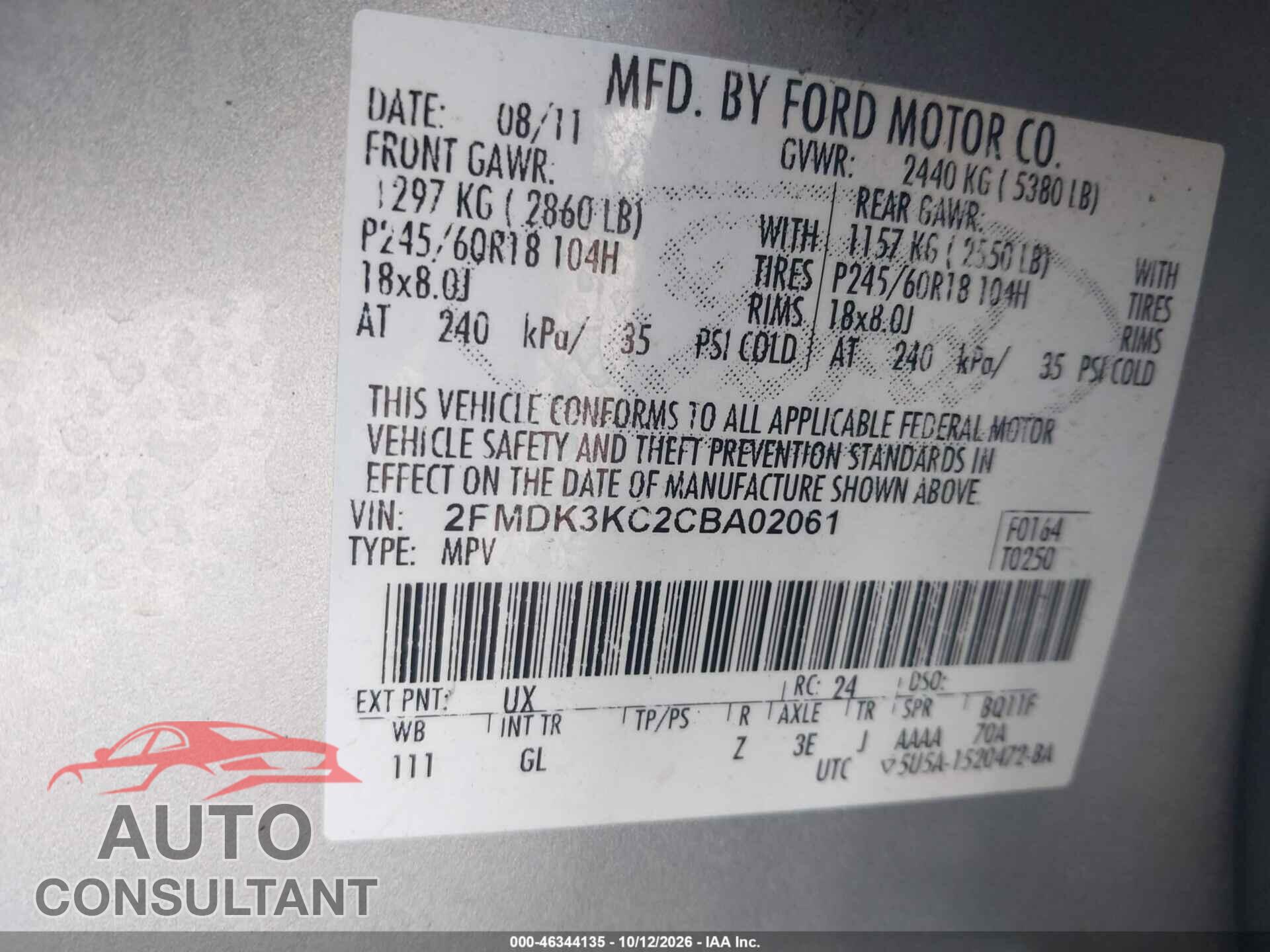 FORD EDGE 2012 - 2FMDK3KC2CBA02061