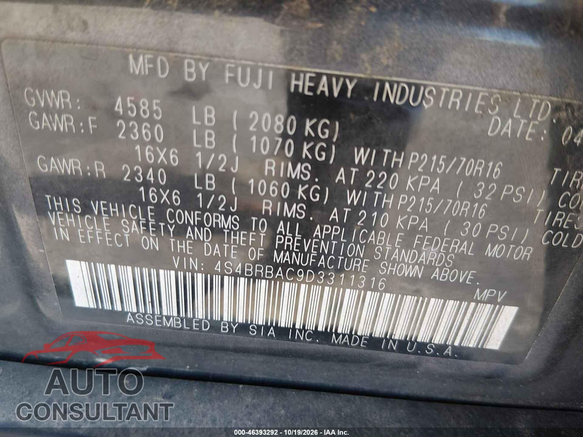 SUBARU OUTBACK 2013 - 4S4BRBAC9D3311316