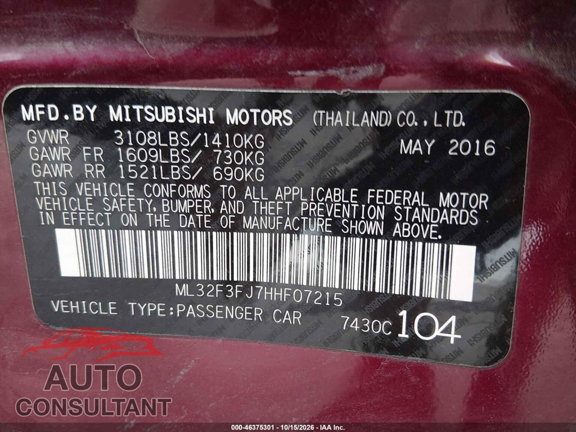 MITSUBISHI MIRAGE G4 2017 - ML32F3FJ7HHF07215