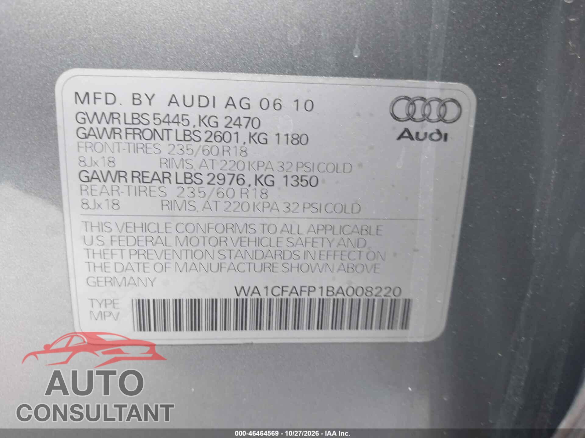 AUDI Q5 2011 - WA1CFAFP1BA008220